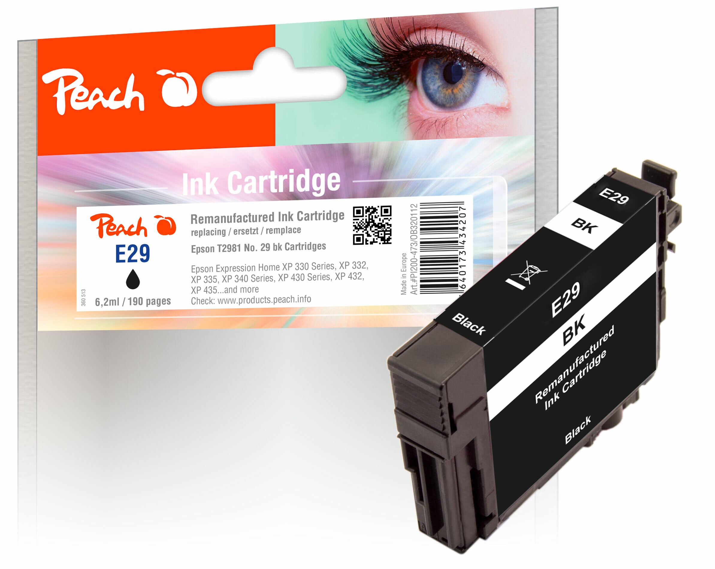 Peach E29  Druckerpatrone bk ersetzt Epson T2981, No. 29 bk, C13T29814010 f&uuml;r z.B. Epson Expression Home XP -235, Epson Expression Home XP -330 (wiederaufbereitet) - Bild 1
