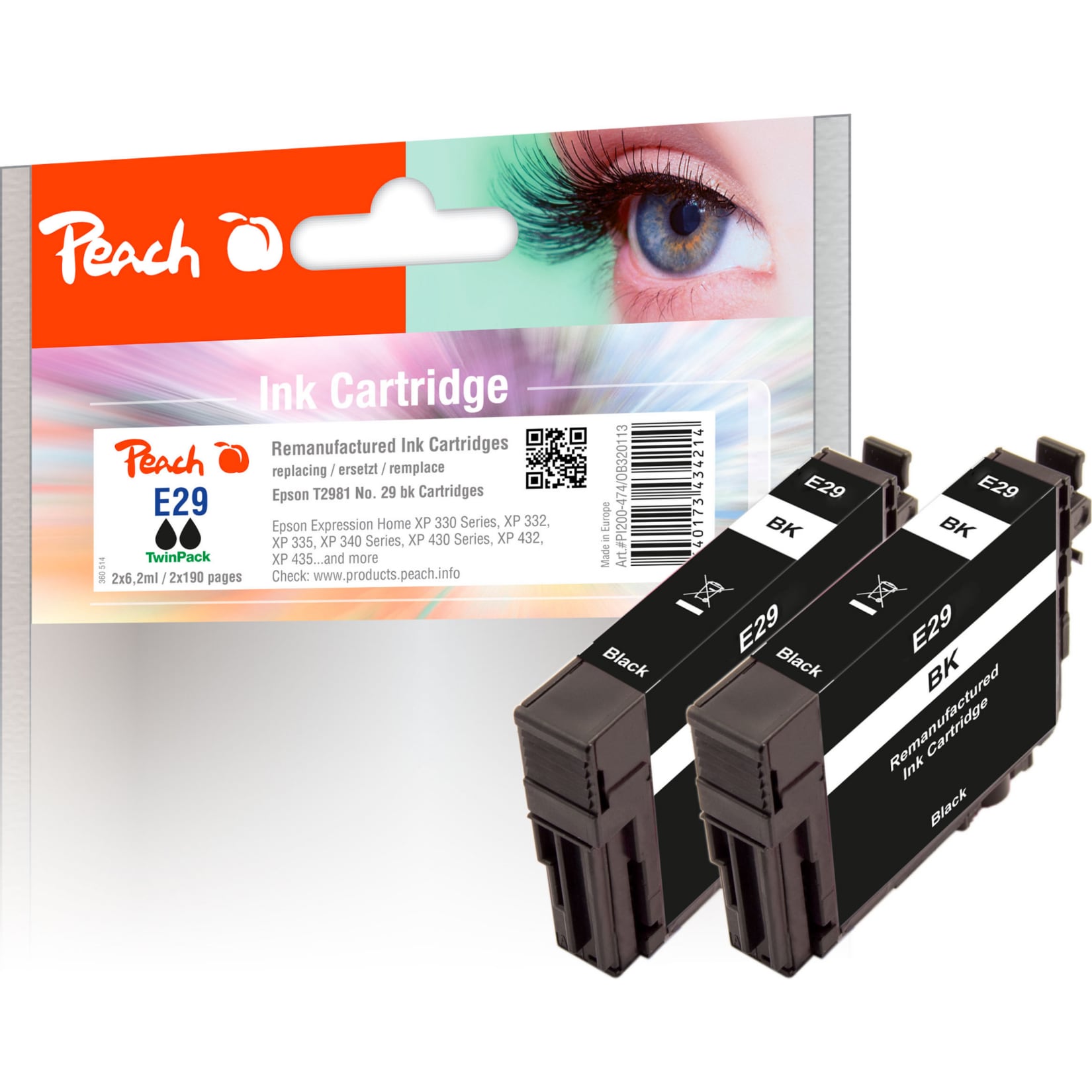 Peach E29  2 Druckerpatronen 2*bk ersetzt Epson T2981, No. 29 bk*2, C13T29814010*2 f&uuml;r z.B. Epson Expression Home XP -235 (wiederaufbereitet) - Bild 1