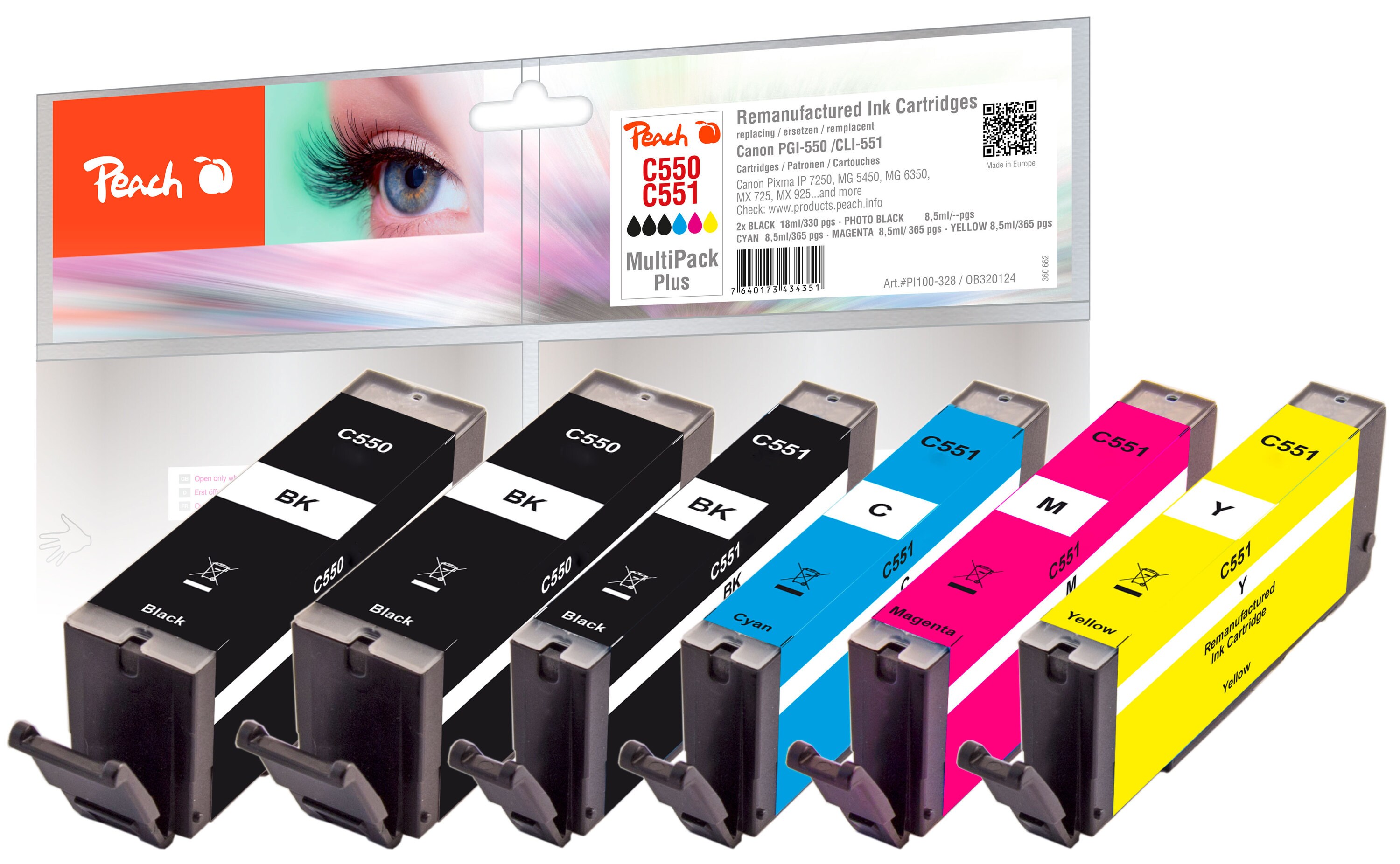 Peach C550  6 Druckerpatronen (2*bk, bkph, c/m/y) ersetzt Canon PGI-550*2, CLI-551 f&uuml;r z.B. Canon Pixma MX 925, Canon Pixma IP 7200 (wiederaufbereitet) - Bild 1