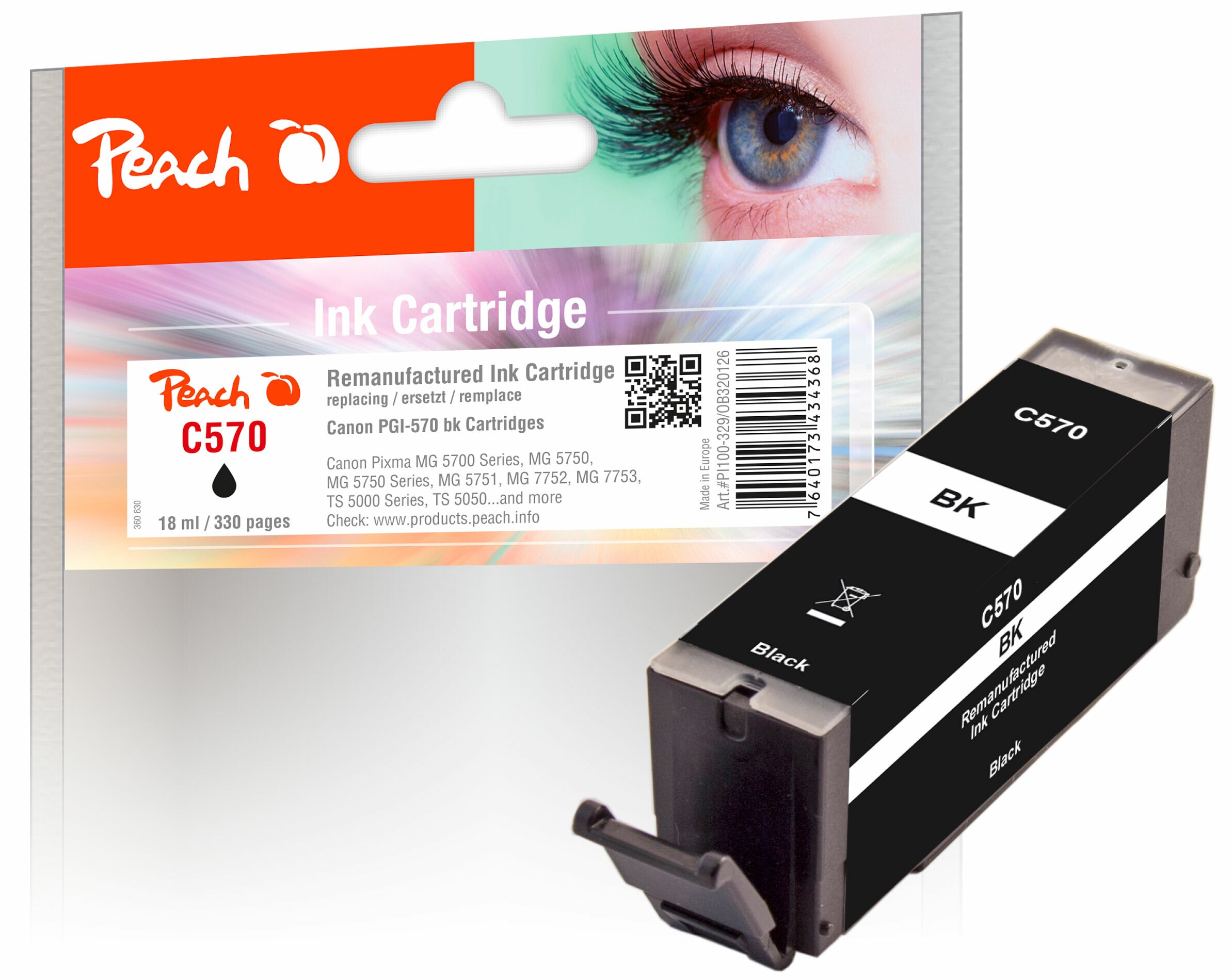 Peach C570 PGBK Druckerpatrone bk ersetzt Canon PGI-570PGBK, 0372C001 f&uuml;r z.B. Canon Pixma MG 5750, Canon Pixma TS 5050, Canon Pixma TS 6050 (wiederaufbereitet) - Bild 1