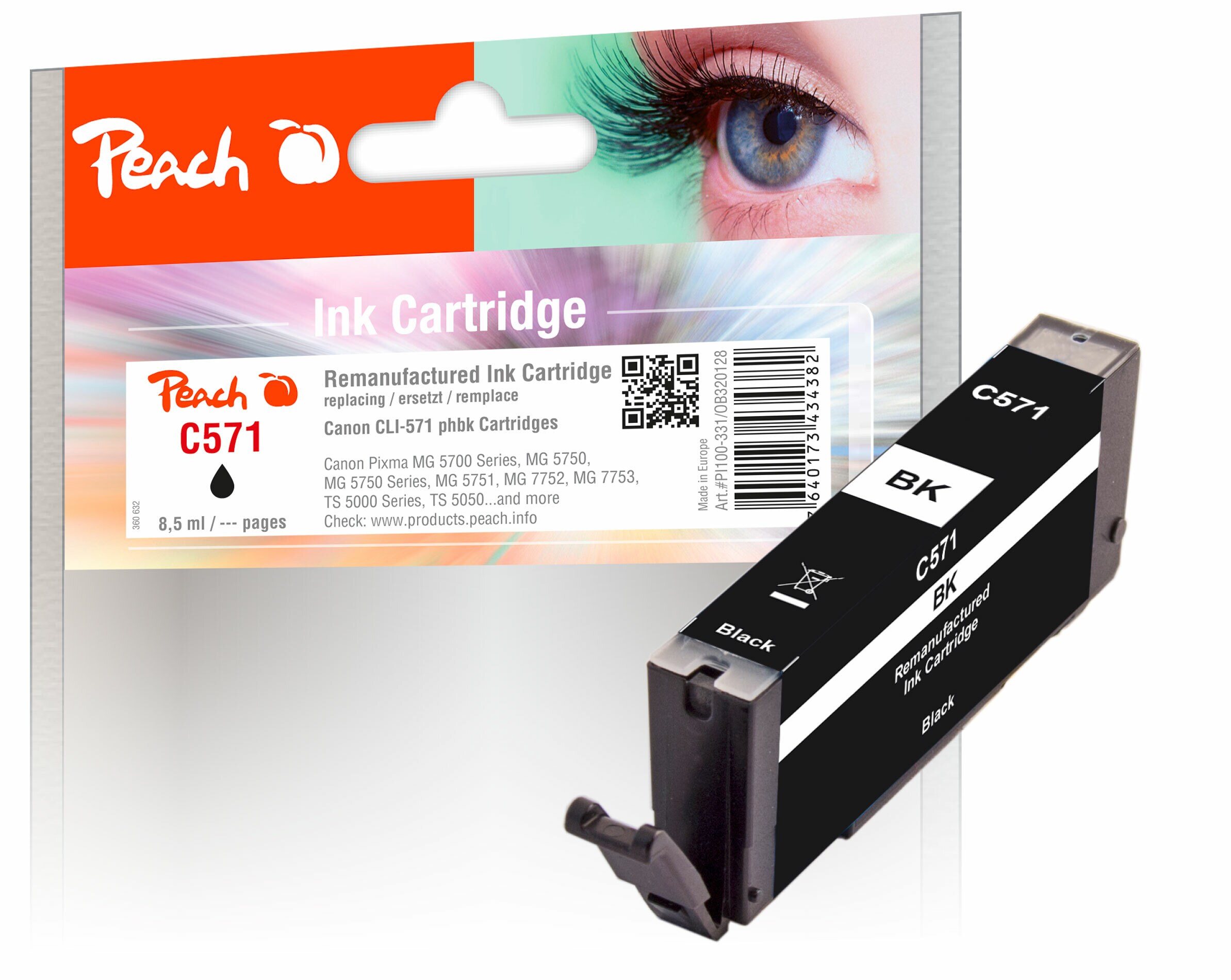 Peach C571 BK Druckerpatrone bkph ersetzt Canon CLI-571BK, 0385C001 f&uuml;r z.B. Canon Pixma MG 5750, Canon Pixma TS 5050, Canon Pixma TS 6050 (wiederaufbereitet) - Bild 1