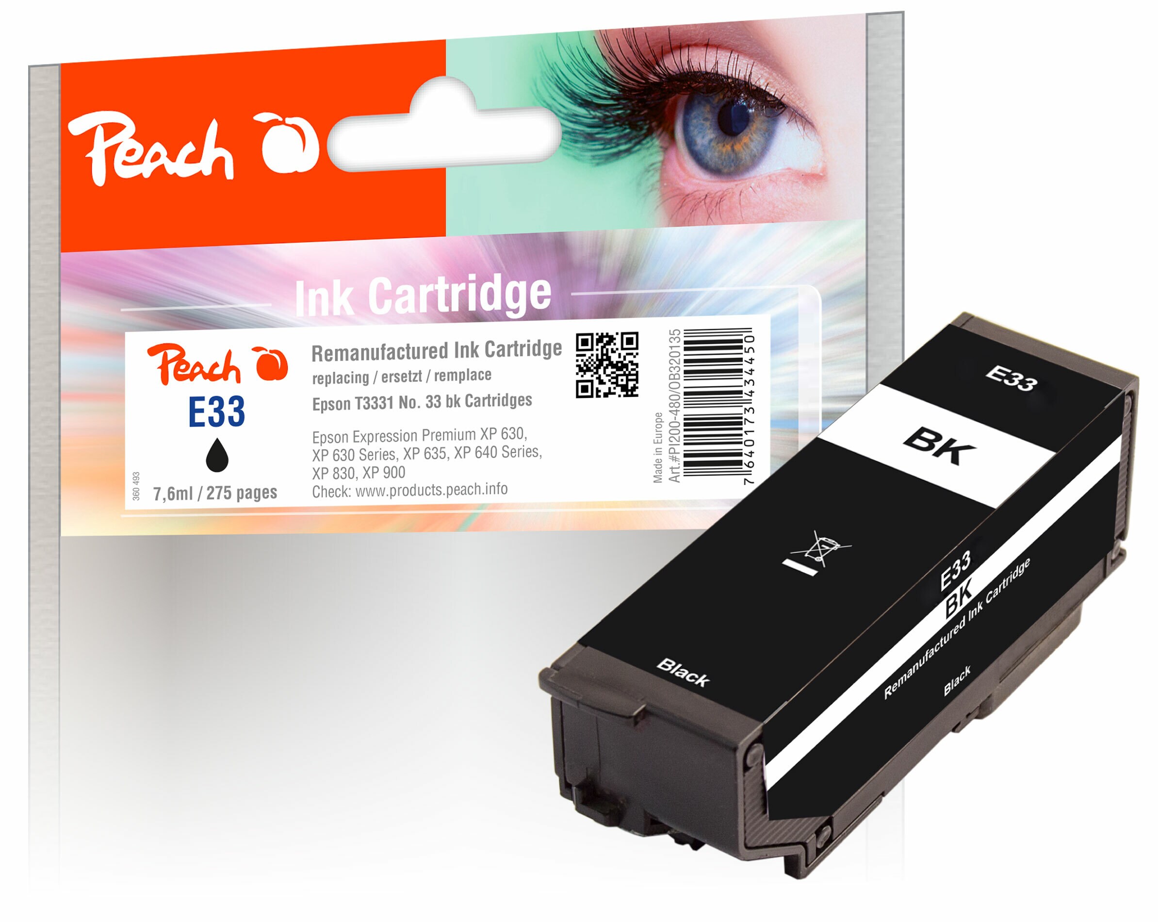 Peach E33  Druckerpatrone bk ersetzt Epson T3331, No. 33 bk, C13T33314010 f&uuml;r z.B. Epson Expression Premium XP -530, Epson Expression Premium XP -630 (wiederaufbereitet) - Bild 1