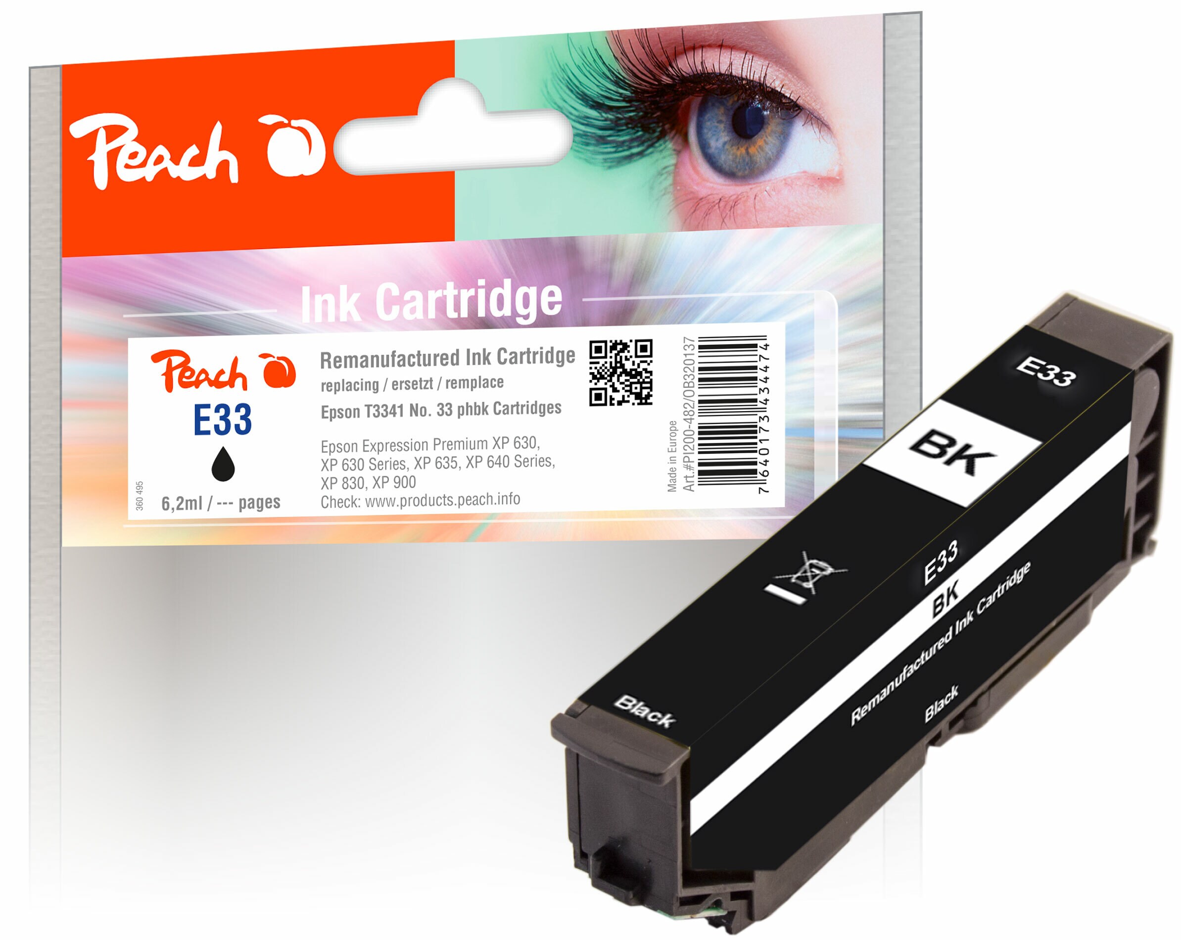 Peach E33  Druckerpatrone bkph ersetzt Epson T3341, No. 33 phbk, C13T33414010 f&uuml;r z.B. Epson Expression Premium XP -530 (wiederaufbereitet) - Bild 1