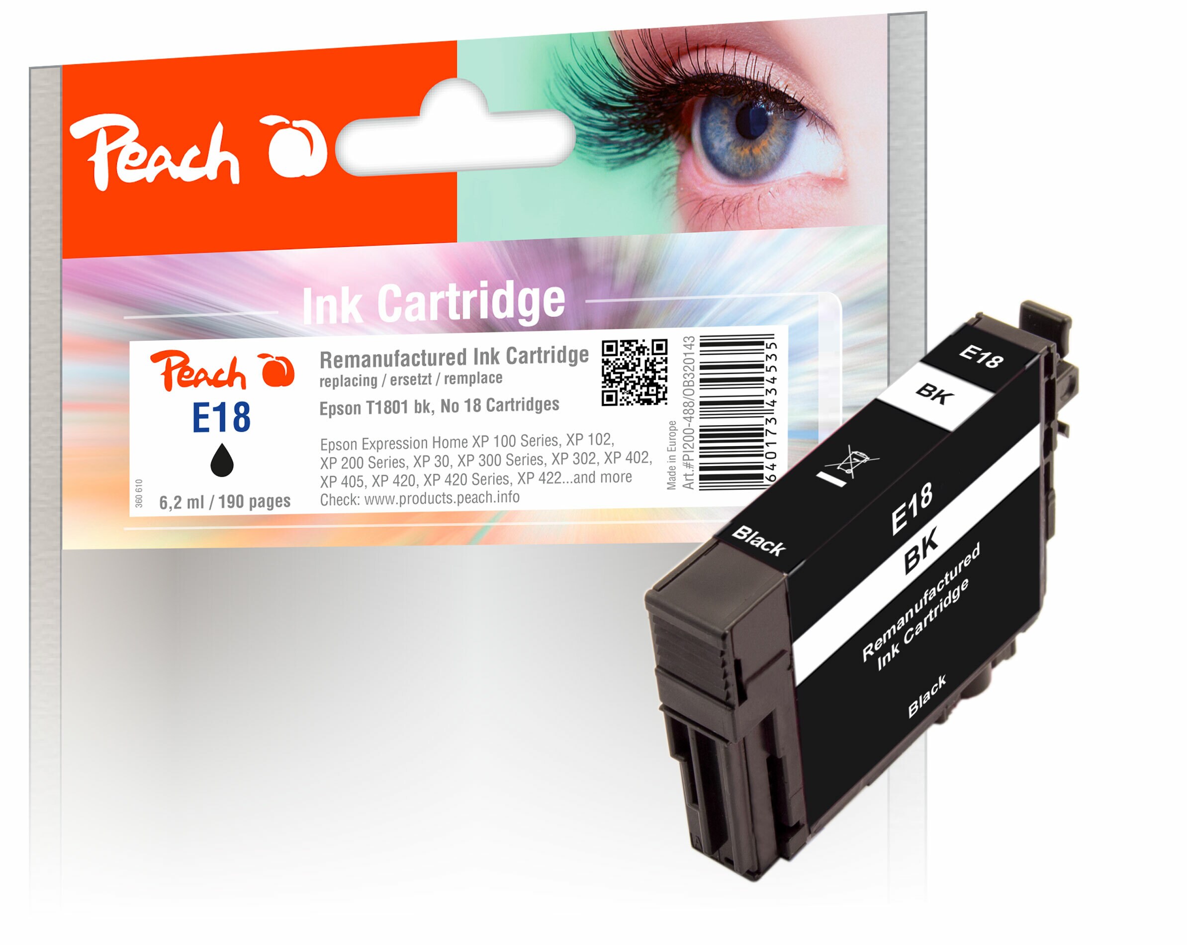 Peach E18 bk Druckerpatrone bk ersetzt Epson No. 18 bk, C13T18014010 f&uuml;r z.B. Epson Expression Home XP -100, Epson Expression Home XP -102 (wiederaufbereitet) - Bild 1
