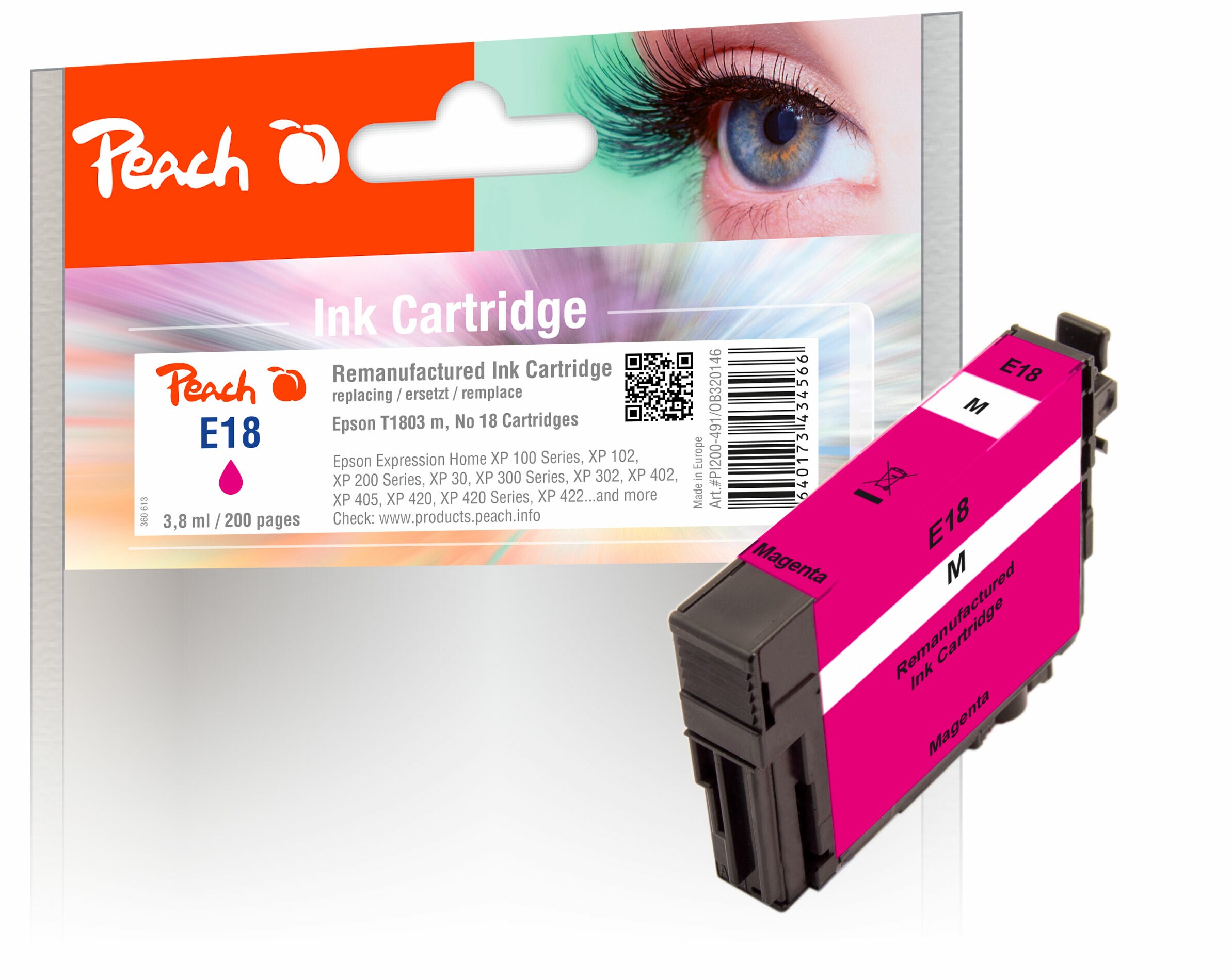 Peach E18 m Druckerpatrone ma ersetzt Epson No. 18 m, C13T18034010 f&uuml;r z.B. Epson Expression Home XP -100, Epson Expression Home XP -102 (wiederaufbereitet) - Bild 1