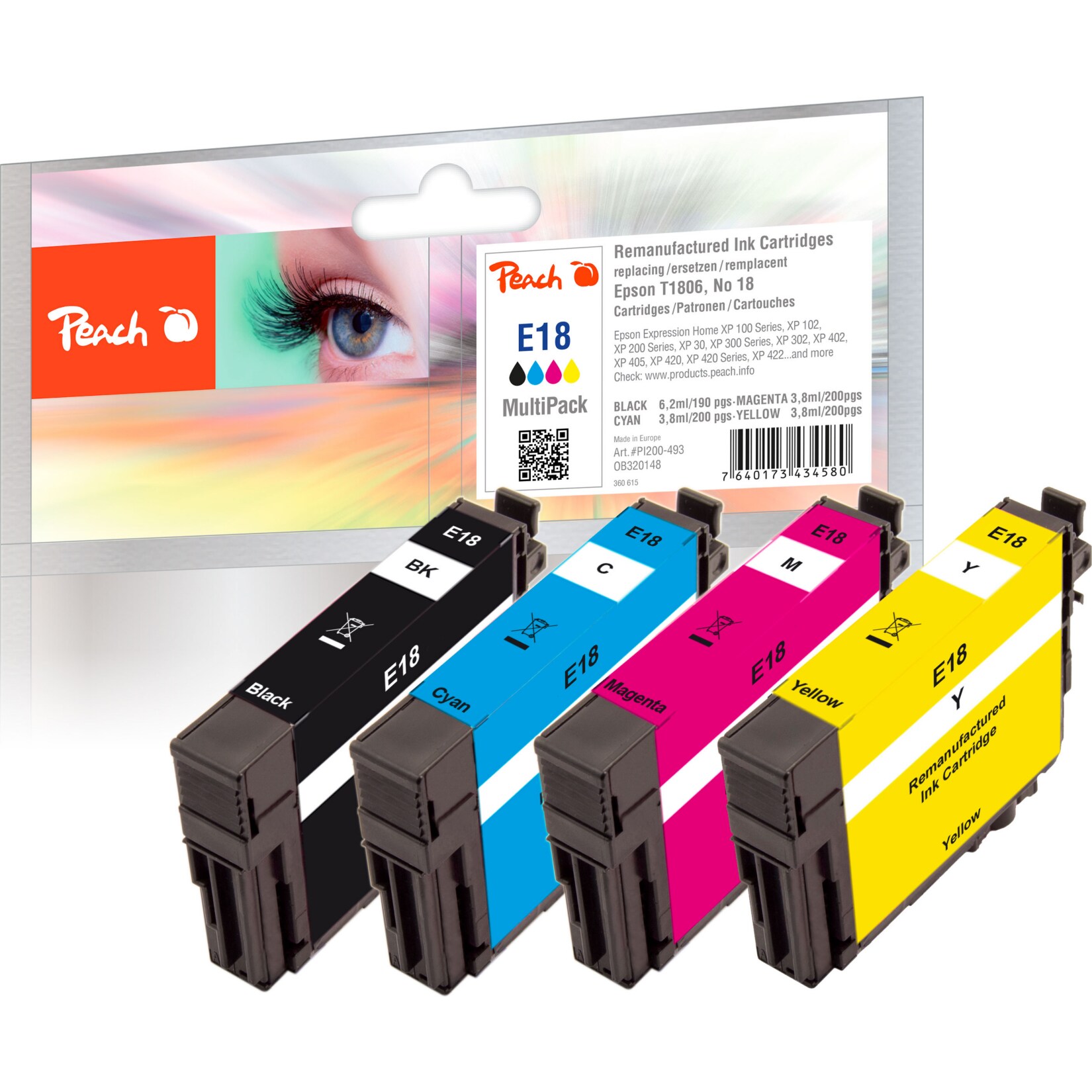 Peach E18  4 Druckerpatronen (bk, c/m/y) ersetzt Epson No. 18, C13T18064010 f&uuml;r z.B. Epson Expression Home XP -100, Epson Expression Home XP -102 (wiederaufbereitet) - Bild 1