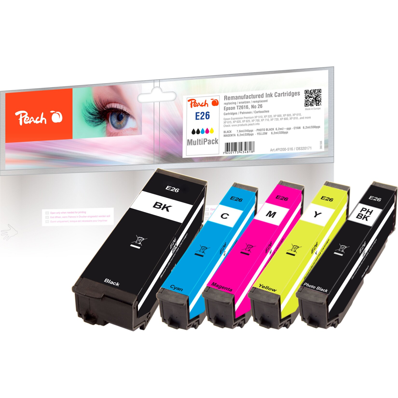 Peach E26  5 Druckerpatronen (bk, bkph, c/m/y) ersetzt Epson No. 26, C13T26164010 f&uuml;r z.B. Epson Expression Premium XP -510 (wiederaufbereitet) - Bild 1