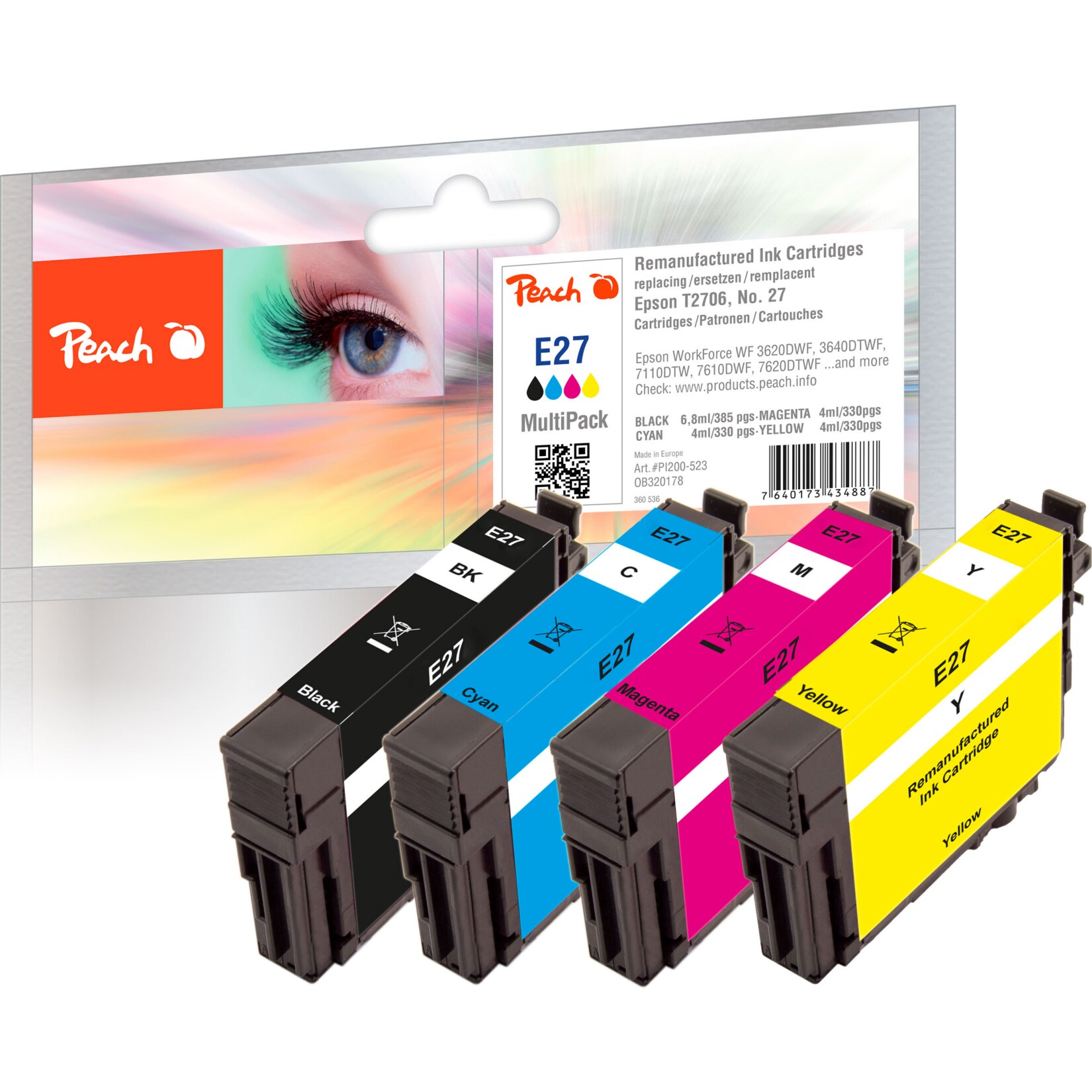 Peach E27  4 Druckerpatronen (bk, c/m/y) ersetzt Epson T2706, No. 27, C13T27064010 f&uuml;r z.B. Epson WorkForce WF -3600, Epson WorkForce WF -3620 DWF (wiederaufbereitet) - Bild 1