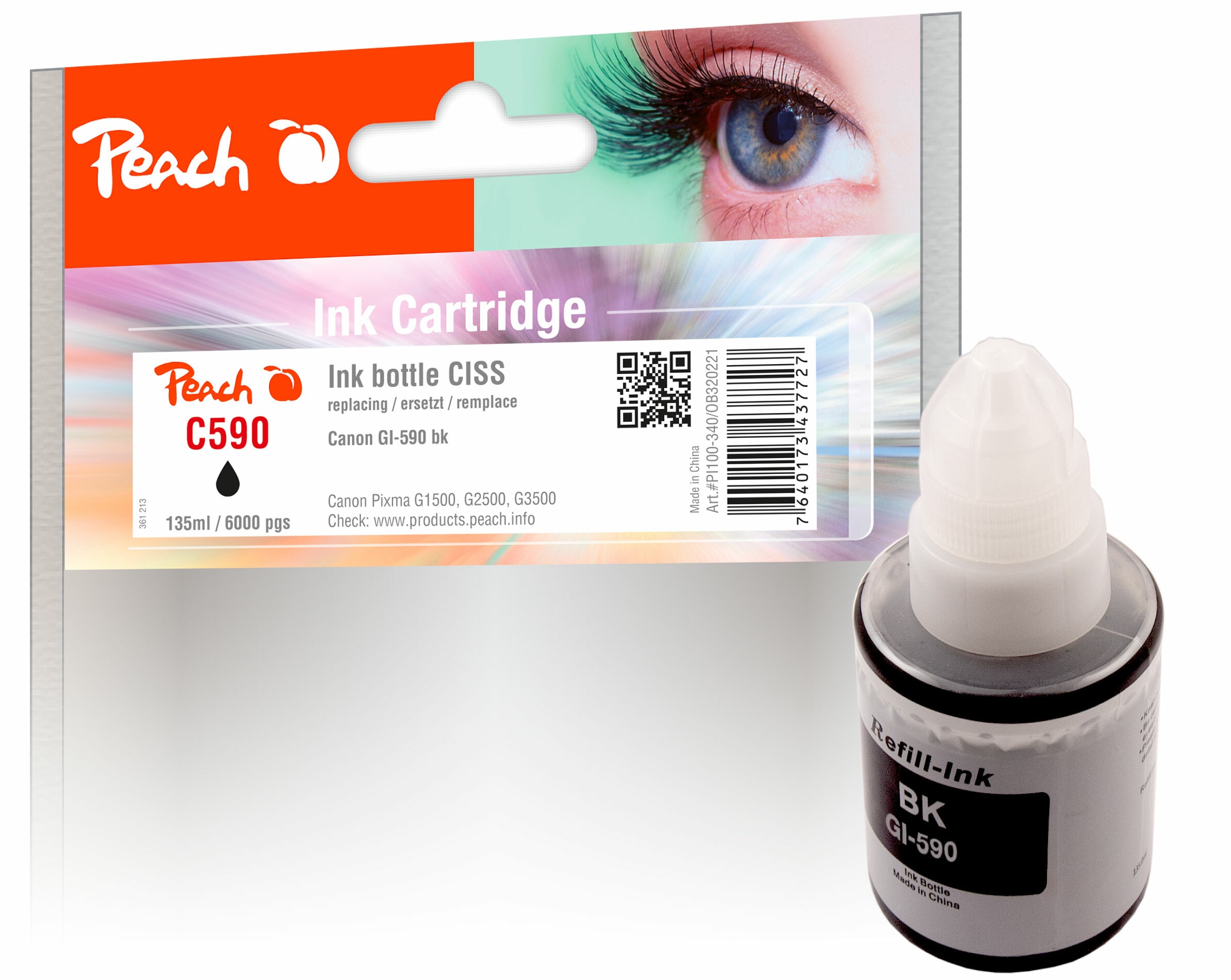 Peach C590 BK Tintenbeh&auml;lter pigm. bk ersetzt Canon GI-590BK, 1603C001 f&uuml;r z.B. Canon Pixma G 3501, Canon Pixma G 1500, Canon Pixma G 2500 - Bild 1