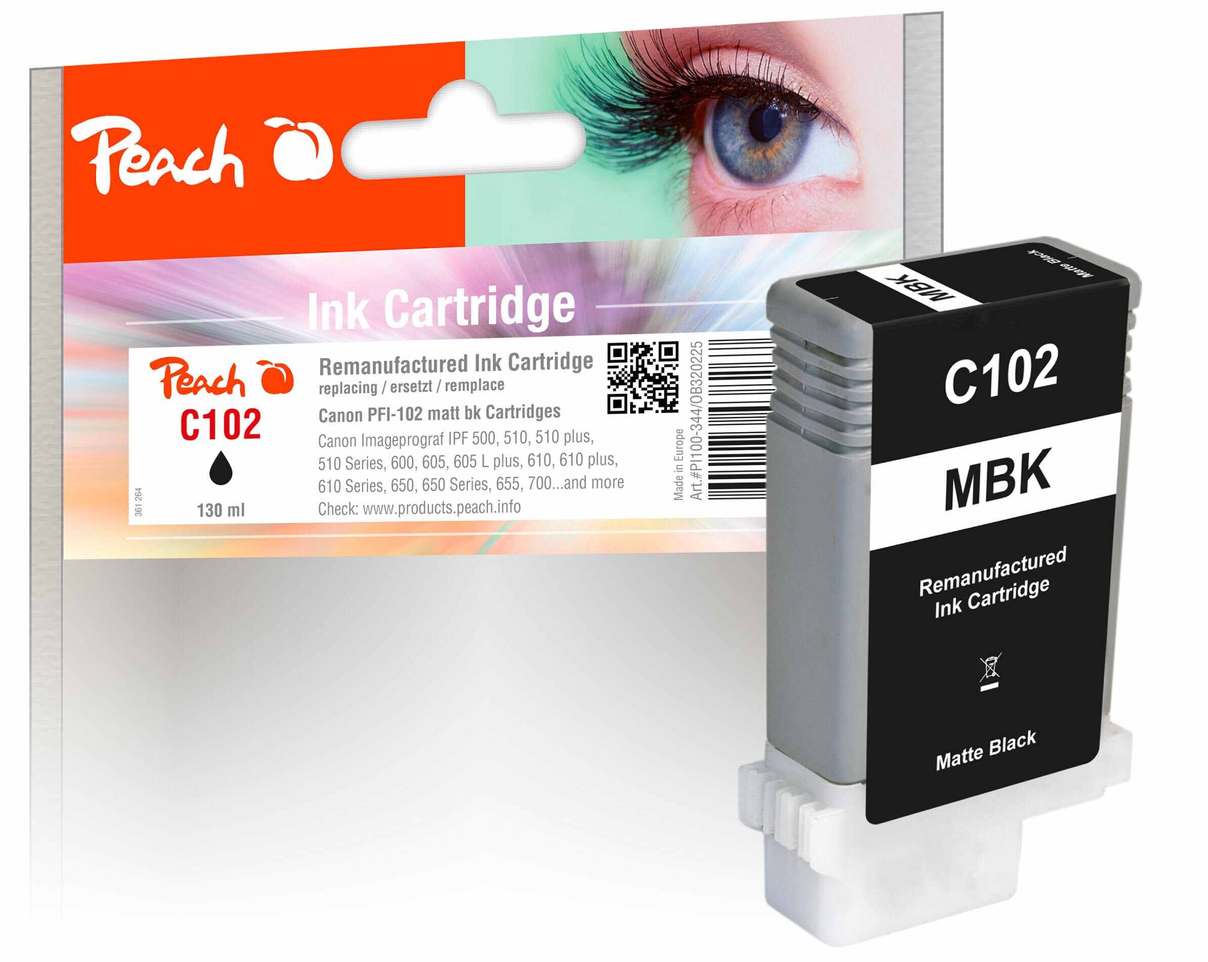 Peach C102 MBK XL-Druckerpatrone matte bk ersetzt Canon PFI-102MBK, 0894B001, 29952626 f&uuml;r z.B. Canon Imageprograf IPF 500, Canon Imageprograf IPF 510 (wiederaufbereitet) - Bild 1