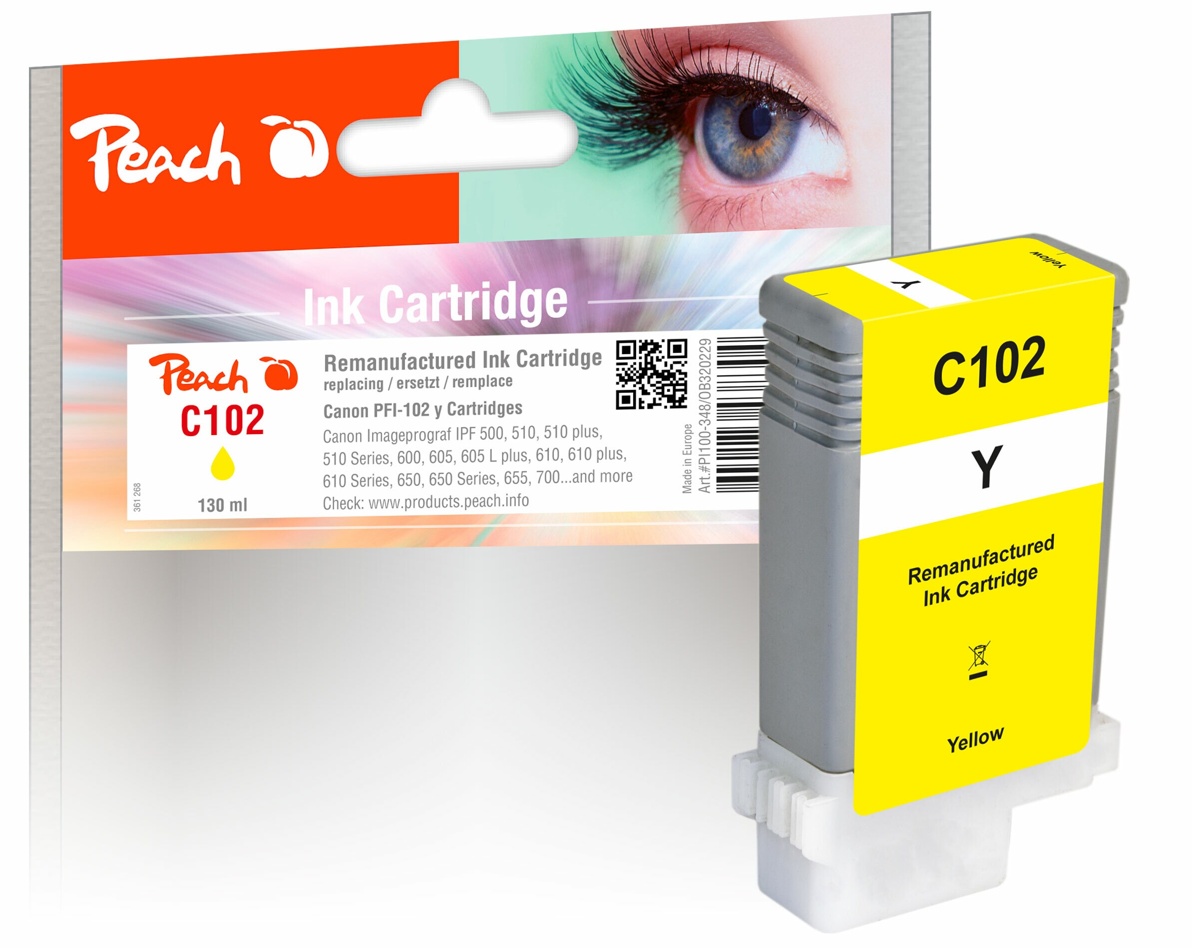 Peach C102 Y XL-Druckerpatrone ye ersetzt Canon PFI-102Y, 0898B001, 29952630 f&uuml;r z.B. Canon Imageprograf IPF 500, Canon Imageprograf IPF 510 (wiederaufbereitet) - Bild 1