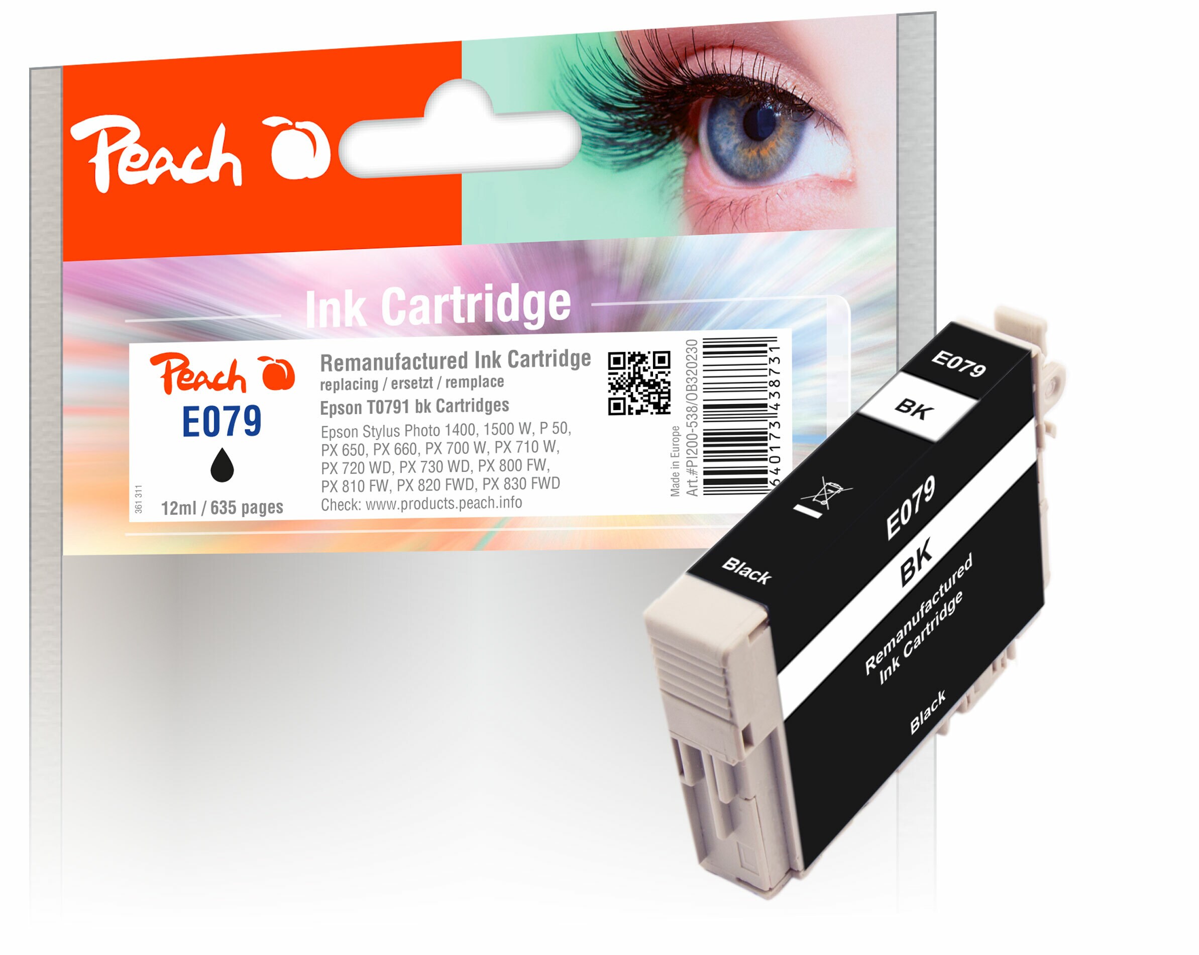 Peach E791 BK Druckerpatrone XL bk ersetzt Epson T0791BK, C13T07914010 f&uuml;r z.B. Epson Stylus Photo PX 650, Epson Stylus Photo PX 700 W (wiederaufbereitet) - Bild 1