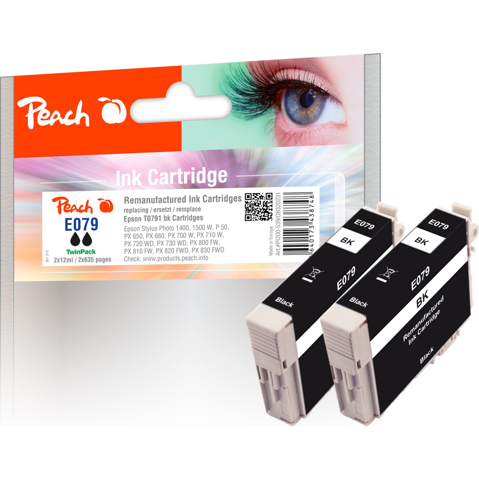 Peach E791 BK 2 Druckerpatronen XL 2*bk ersetzt Epson T0791BK*2, C13T07914010*2 f&uuml;r z.B. Epson Stylus Photo PX 820 FWD, Epson Stylus Photo 1400 (wiederaufbereitet) - Bild 1