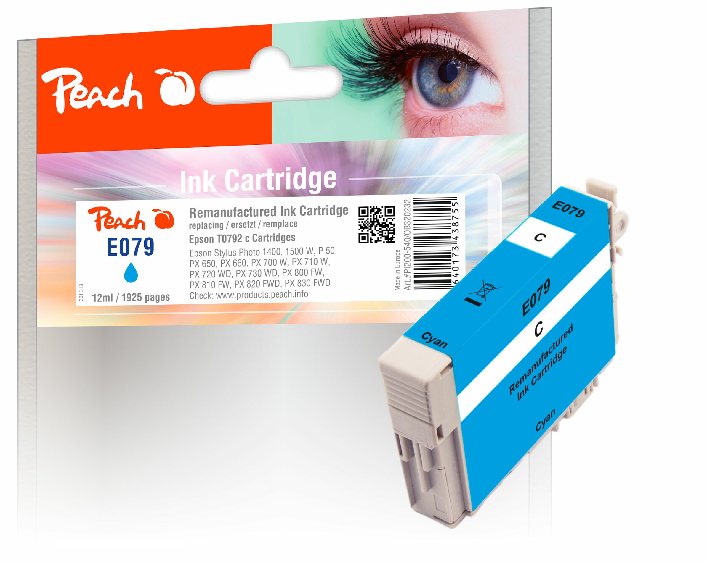 Peach E792 C Druckerpatrone XL cy ersetzt Epson T0792C, C13T07924010 f&uuml;r z.B. Epson Stylus Photo PX 700 W, Epson Stylus Photo PX 820 FWD (wiederaufbereitet) - Bild 1