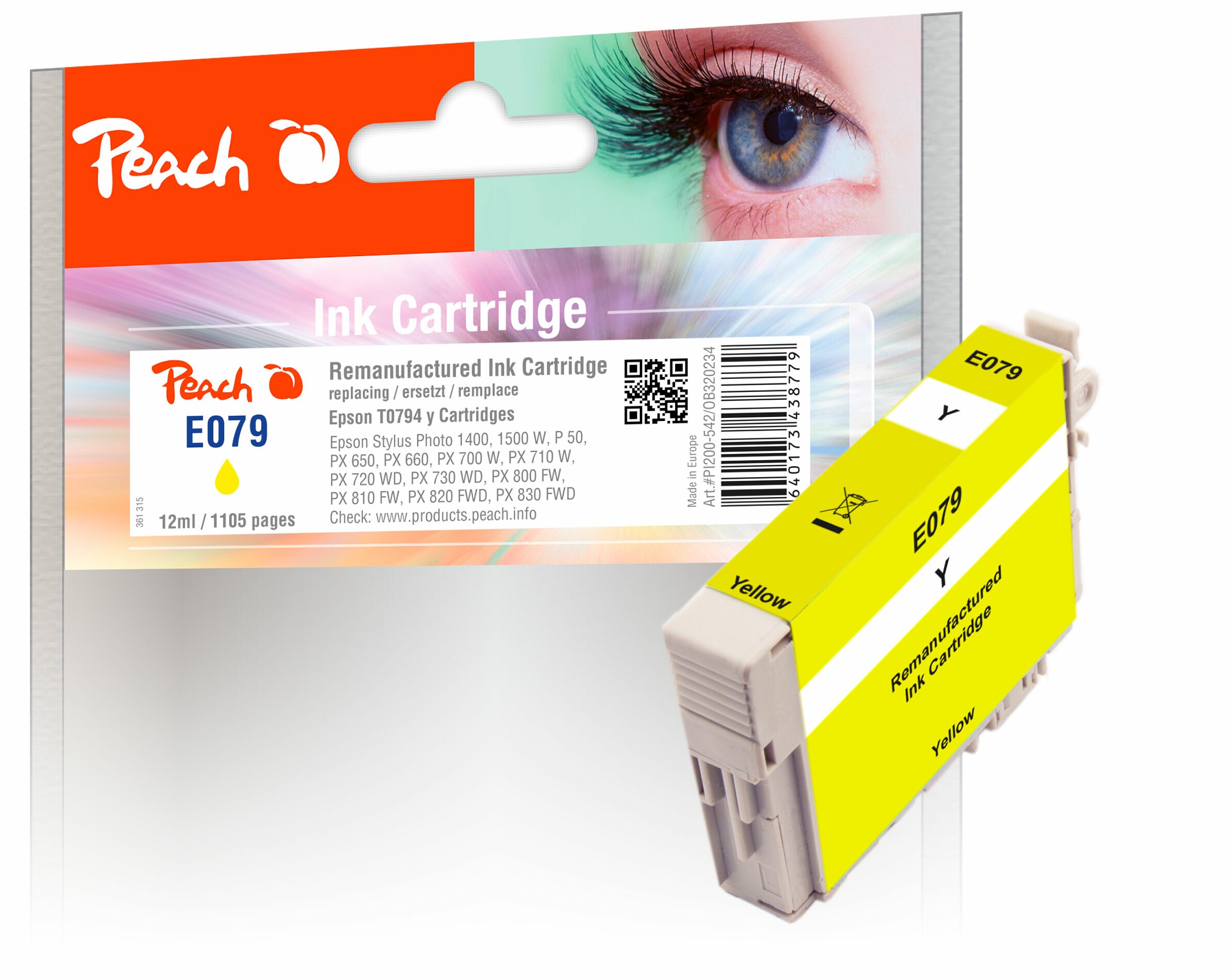Peach E794 Y Druckerpatrone XL ye ersetzt Epson T0794Y, C13T07944010 f&uuml;r z.B. Epson Stylus Photo PX 820 FWD, Epson Stylus Photo 1400 (wiederaufbereitet) - Bild 1