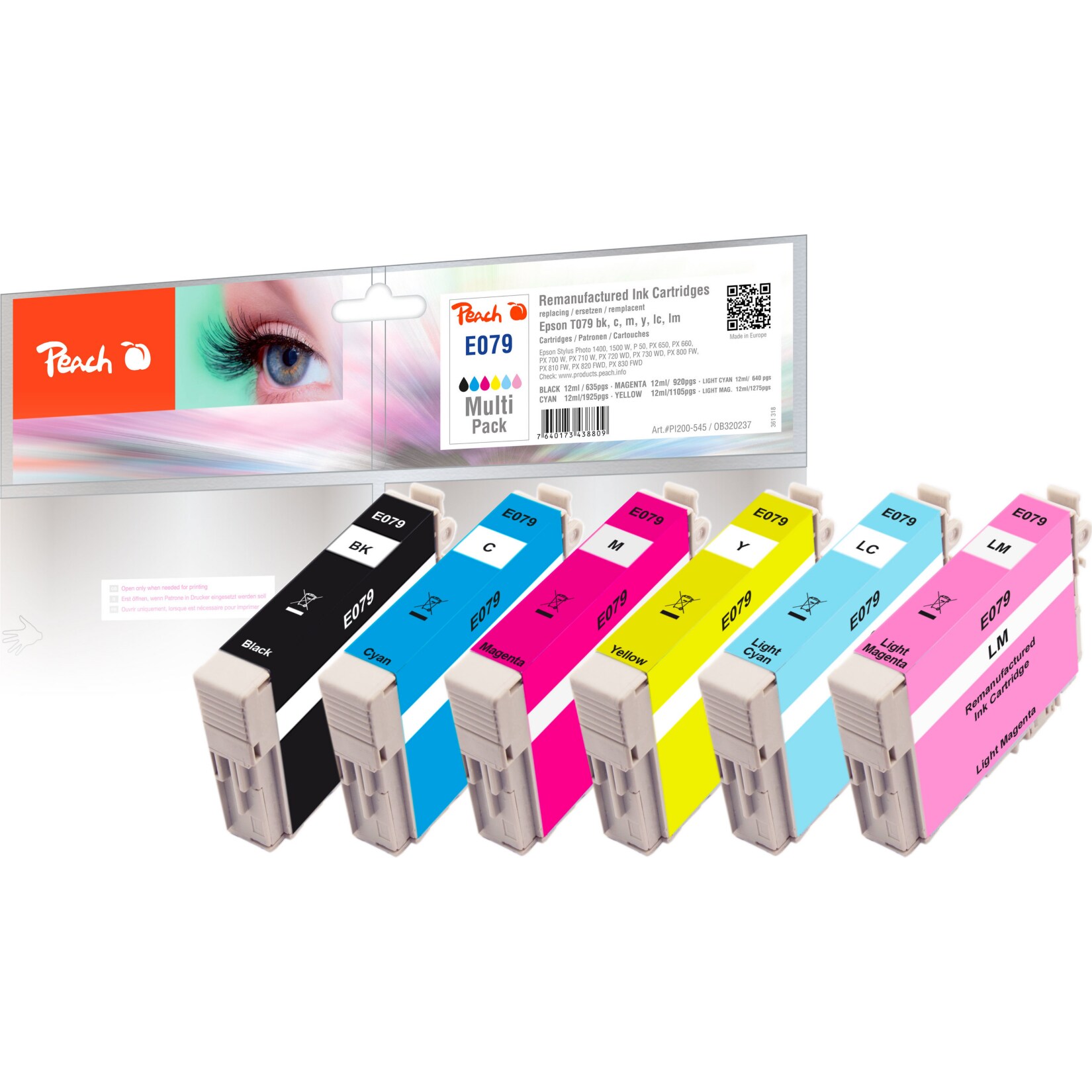 Peach E79 6 Druckerpatronen XL (bk, cy, cyph, ma, maph, ye) ersetzt Epson T079 für z.B. Epson Stylus Photo 1400, Epson Stylus Photo 1500 W (wiederaufbereitet)