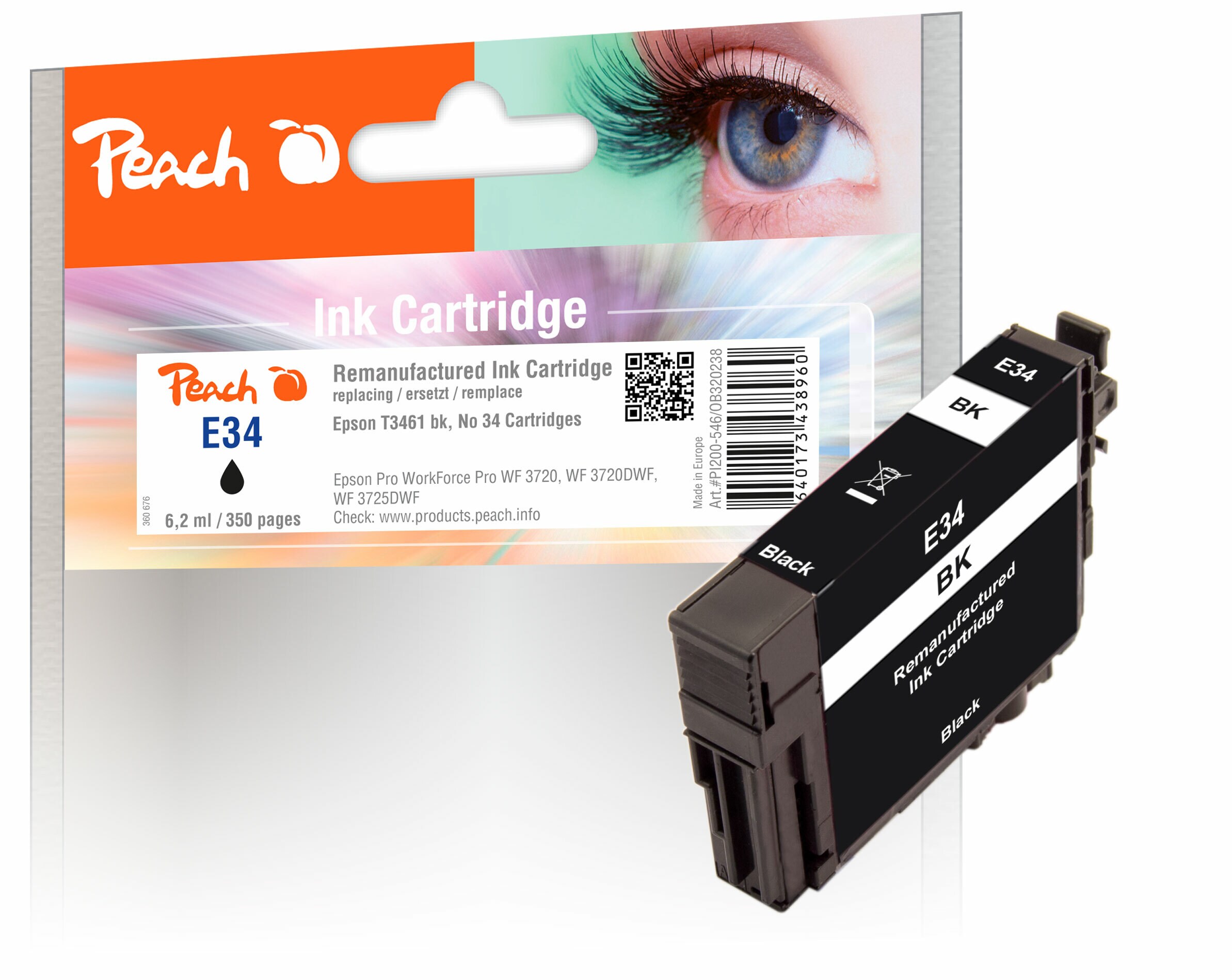 Peach E34  Druckerpatrone bk ersetzt Epson T3461, No. 34 bk, C13T34614010 f&uuml;r z.B. Epson WorkForce Pro WF -3700, Epson WorkForce Pro WF -3720 DW (wiederaufbereitet) - Bild 1