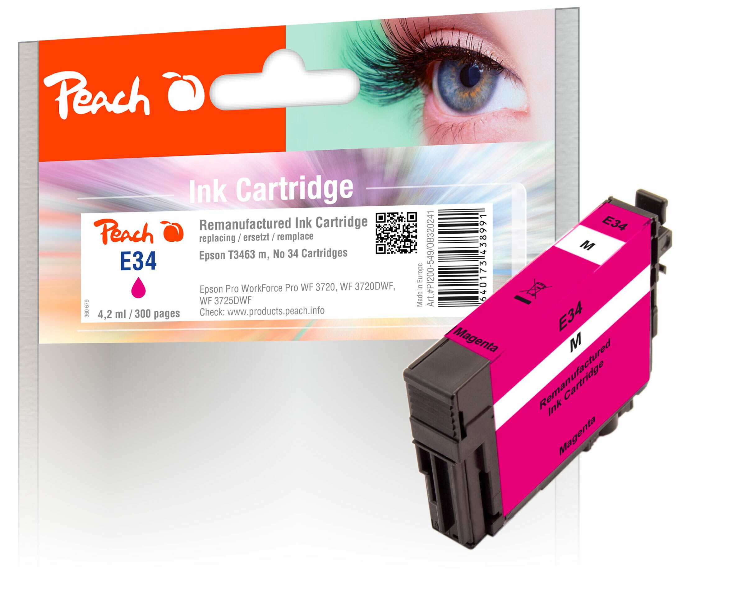 Peach E34  Druckerpatrone ma ersetzt Epson T3463, No. 34 m, C13T34634010 f&uuml;r z.B. Epson WorkForce Pro WF -3700, Epson WorkForce Pro WF -3720 DW (wiederaufbereitet) - Bild 1