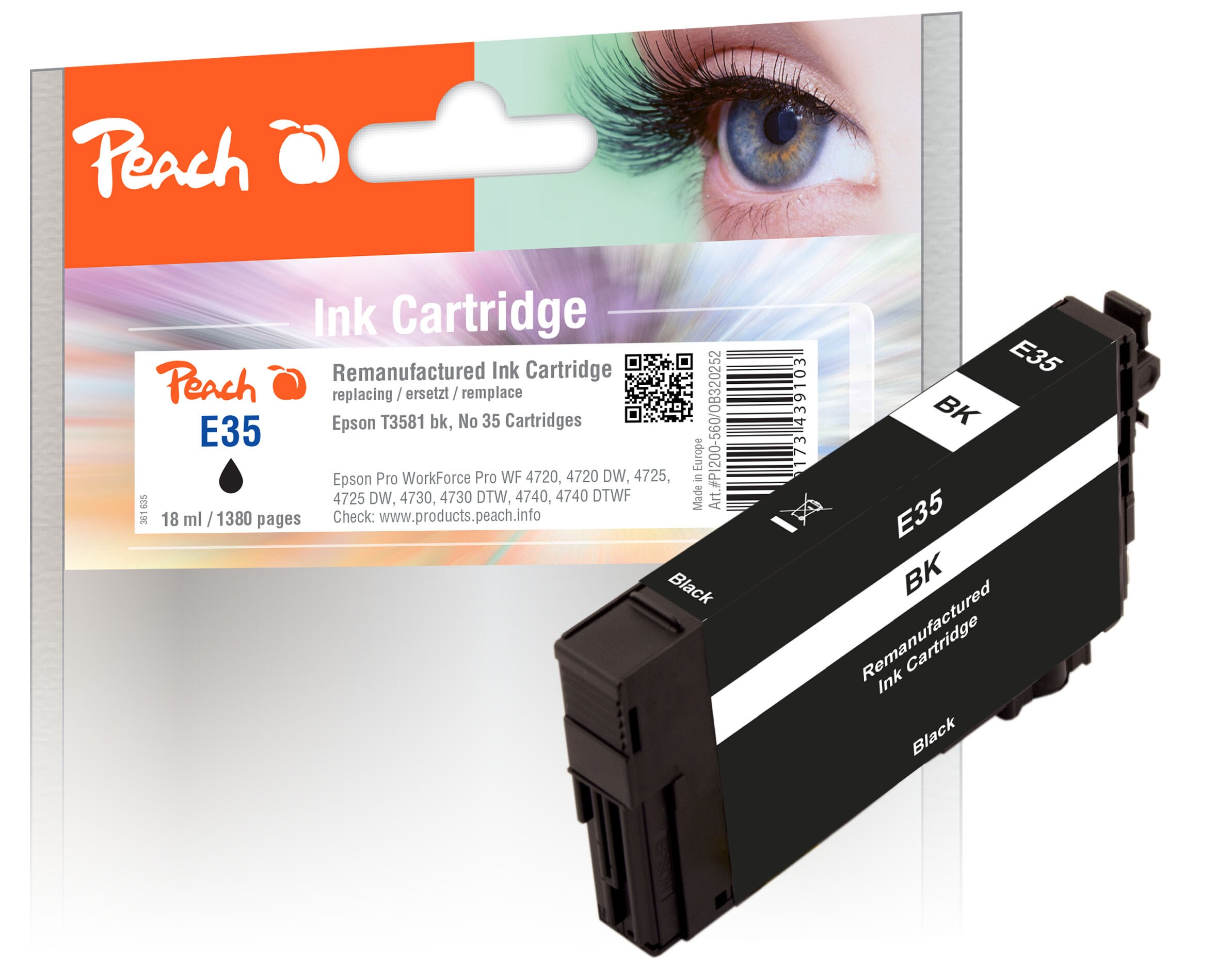 Peach E35  Druckerpatrone bk ersetzt Epson T3581, No. 35 bk, C13T35814010 f&uuml;r z.B. Epson WorkForce Pro WF -4720 DWF, Epson WorkForce Pro WF -4720 (wiederaufbereitet) - Bild 1
