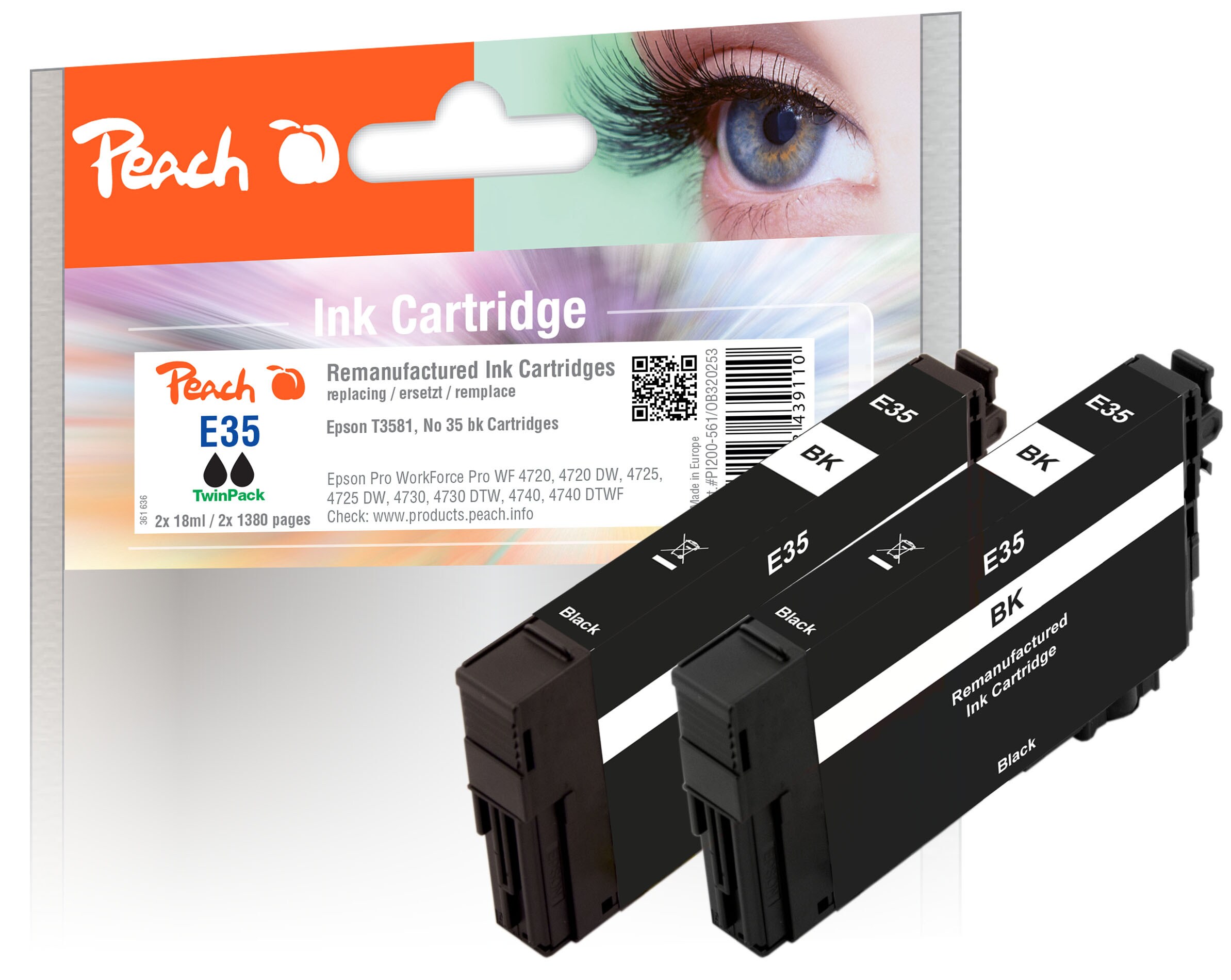 Peach E35  2 Druckerpatronen 2*bk ersetzt Epson T3581, No. 35 bk*2, C13T35814010*2 f&uuml;r z.B. Epson WorkForce Pro WF -4720 DWF (wiederaufbereitet) - Bild 1