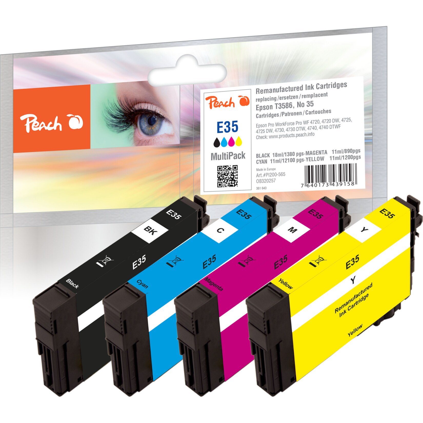 Peach E35  4 Druckerpatronen (bk, c/m/y) ersetzt Epson T3586, No. 35, C13T35864010 f&uuml;r z.B. Epson WorkForce Pro WF -4720 DWF (wiederaufbereitet) - Bild 1
