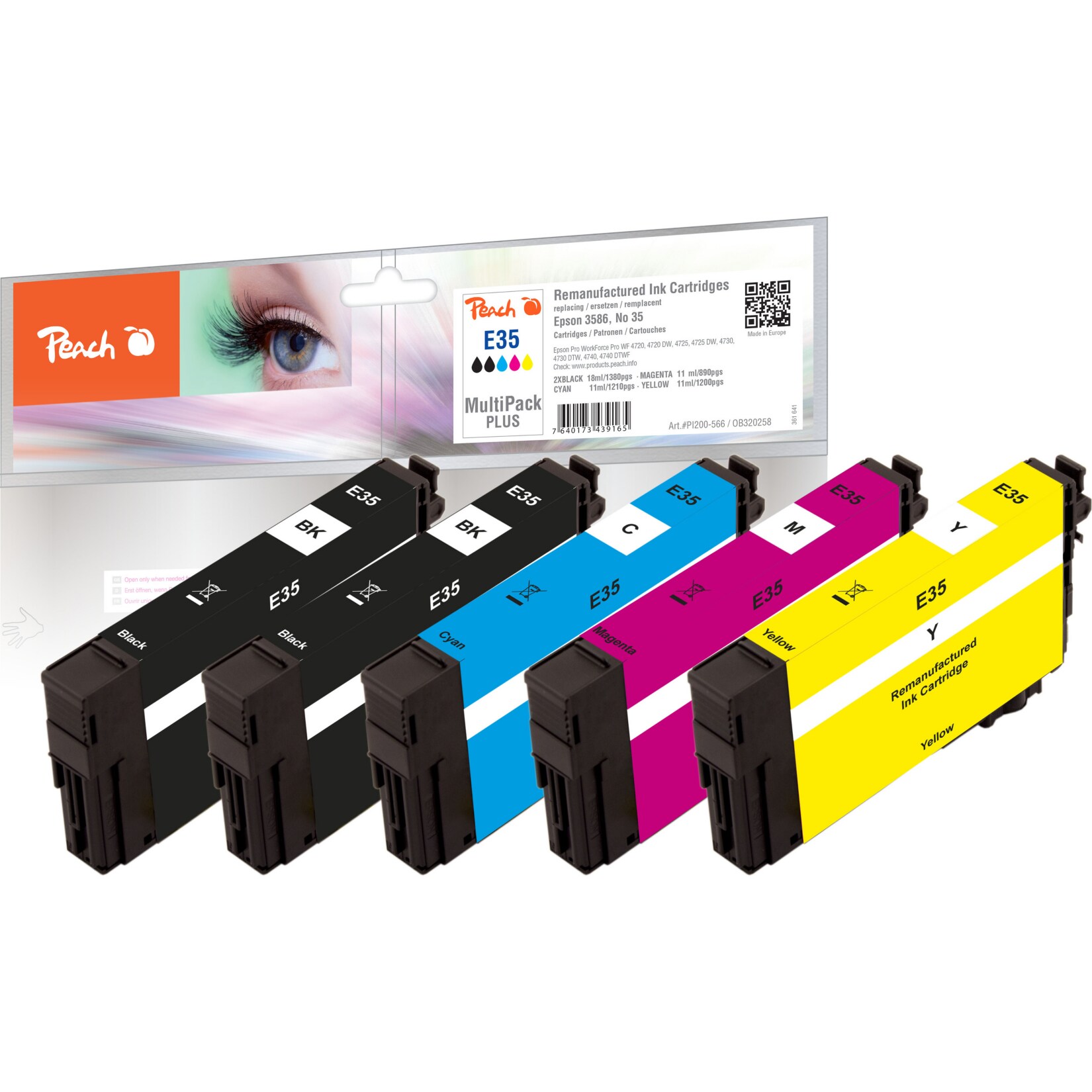 Peach E35  5 Druckerpatronen (2*bk, c/m/y) ersetzt Epson No. 35, T3581*2, T3582, T3583, T3584 f&uuml;r z.B. Epson WorkForce Pro WF -4720 DWF (wiederaufbereitet) - Bild 1