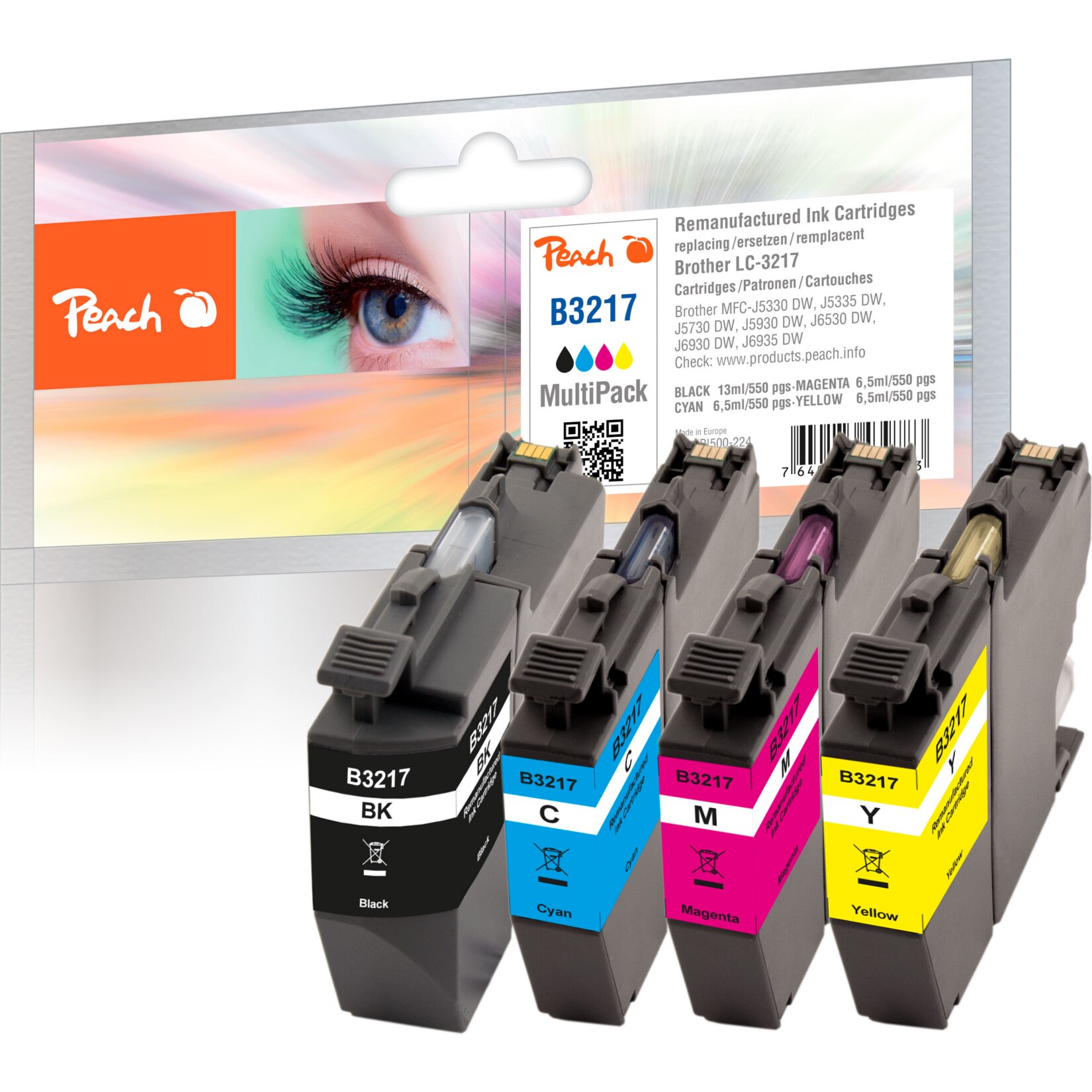 Peach B3217 VALP 4 Druckerpatronen (bk, c/m/y) ersetzt Brother LC-3217VALP f&uuml;r z.B. Brother MFCJ 5730 DW, Brother MFCJ 6930 DW, Brother MFCJ 6530 DW (wiederaufbereitet) - Bild 1