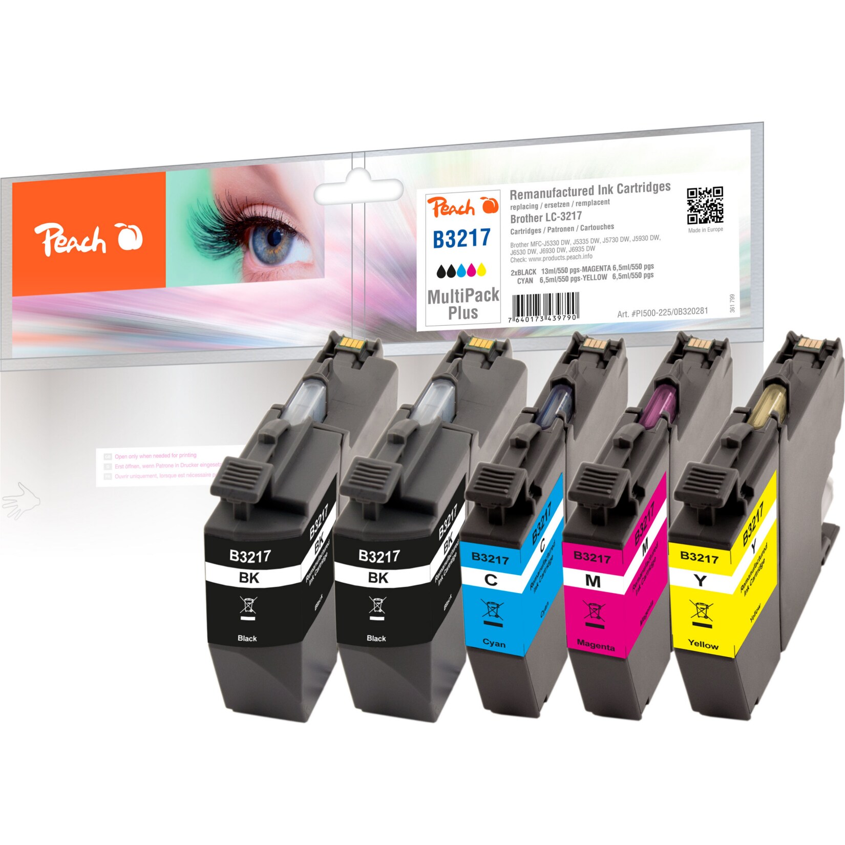 Peach B3217  Spar Plus Pack Druckerpatronen (2*bk, c/m/y) ersetzt Brother LC-3217 für z.B. Brother MFCJ 5730 DW, Brother MFCJ 5330 DW (wiederaufbereitet) | 07640173439790