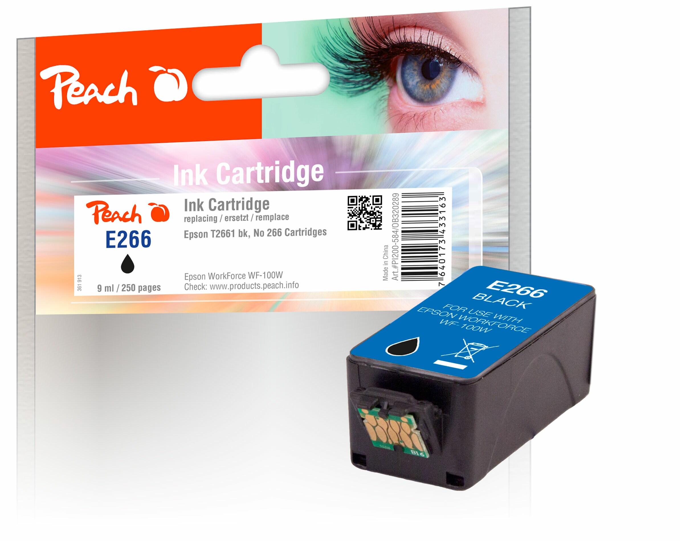 Peach E266 BK Druckerpatrone bk ersetzt Epson No. 266BK, C13T26614010 f&uuml;r z.B. Epson WorkForce WF -100 W, Epson WorkForce WF -110 W - Bild 1