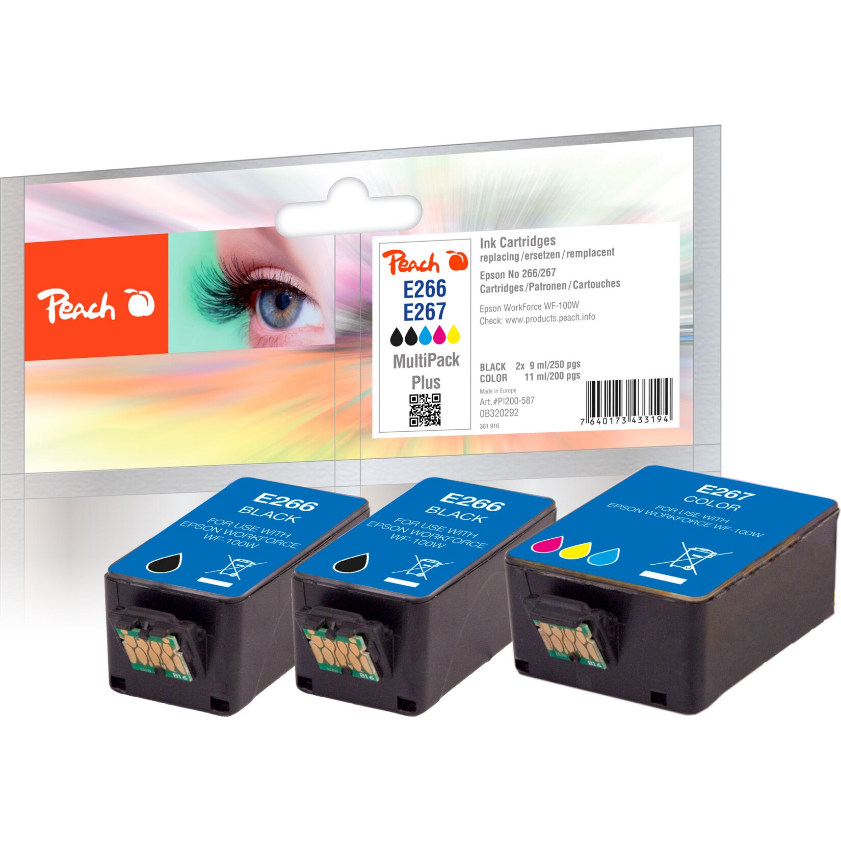Peach E266  3 Druckerpatronen (2*bk, col) ersetzt Epson No. 266*2, No. 277, C13T26614010*2, C13T26704010 f&uuml;r z.B. Epson WorkForce WF -100 W - Bild 1