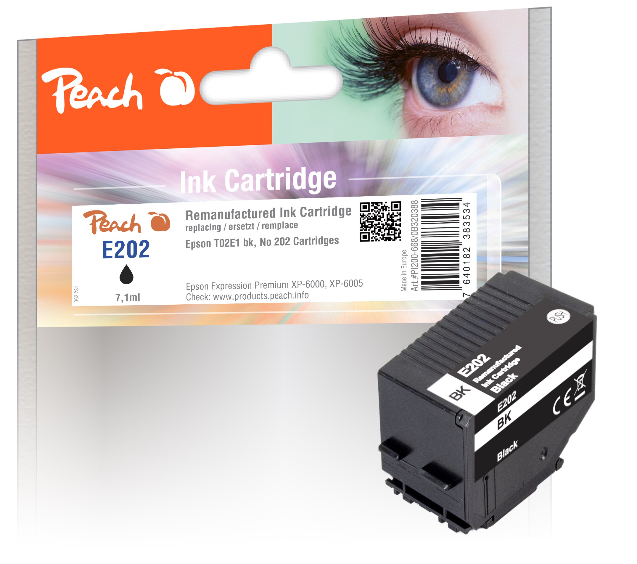 Peach E2E1 Druckerpatrone bk ersetzt Epson T02E1, No. 202 bk, C13T02E14010 f&uuml;r z.B. Epson Expression Premium XP -6000 (wiederaufbereitet) - Bild 1