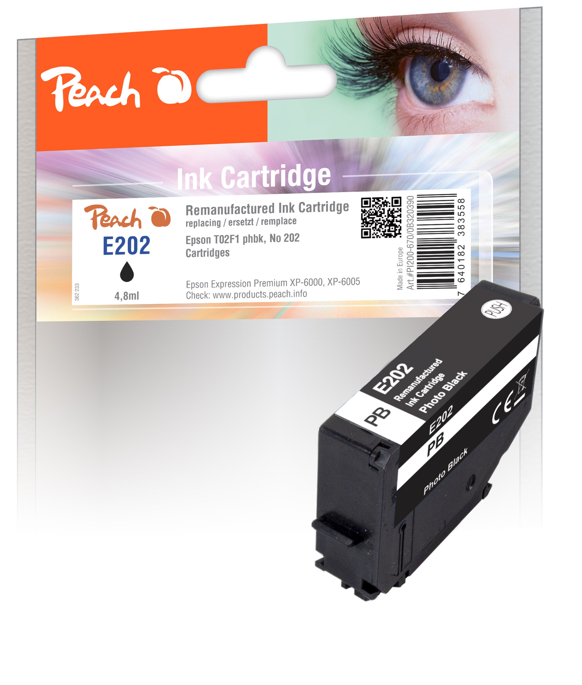 Peach E2F1 Druckerpatrone bkph ersetzt Epson T02F1, No. 202 phbk, C13T02F14010 f&uuml;r z.B. Epson Expression Premium XP -6000 (wiederaufbereitet) - Bild 1