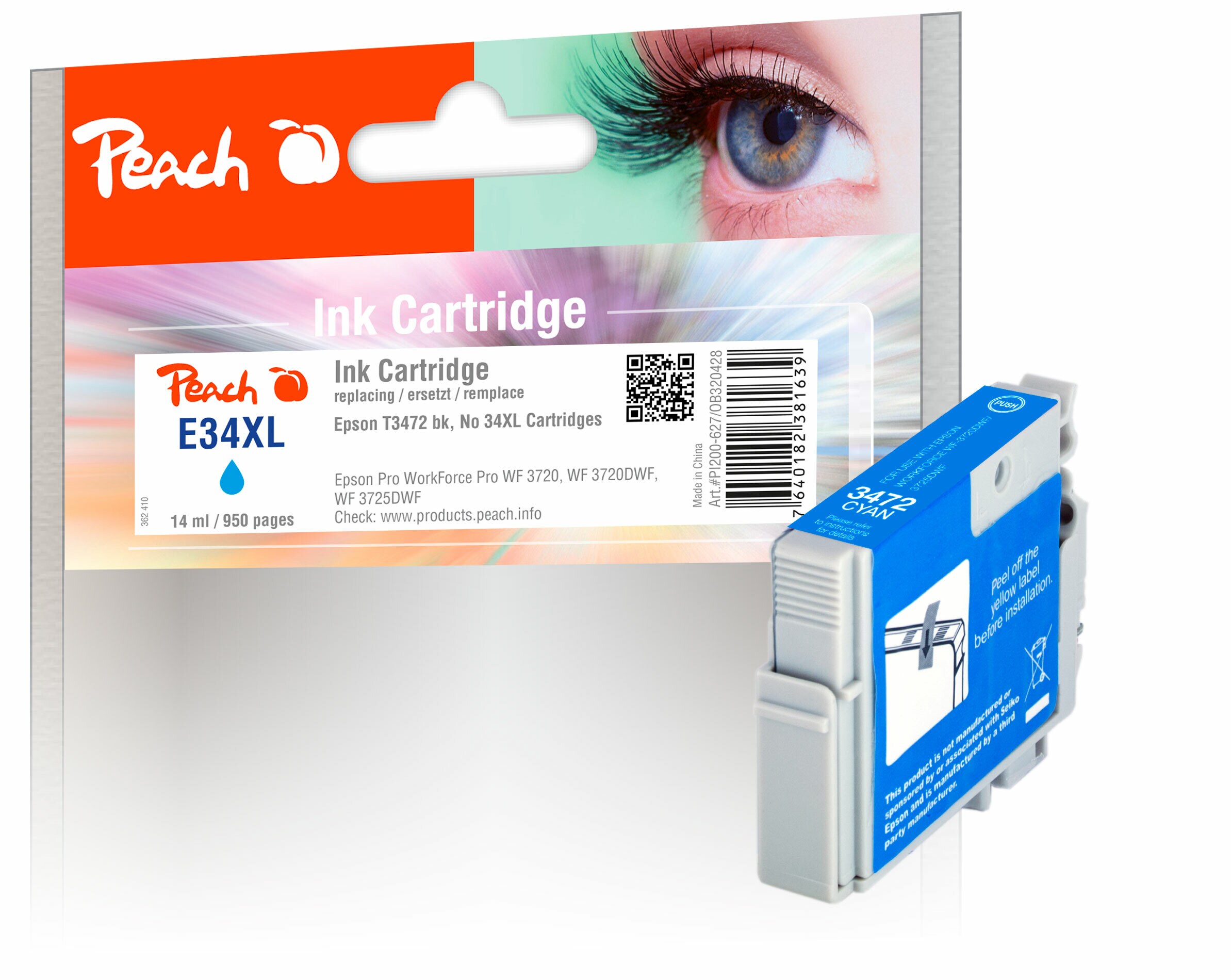 Peach E34  Druckerpatrone XL cy ersetzt Epson T3472, No. 34XL c, C13T34724010 f&uuml;r z.B. Epson WorkForce Pro WF -3700, Epson WorkForce Pro WF -3720 - Bild 1
