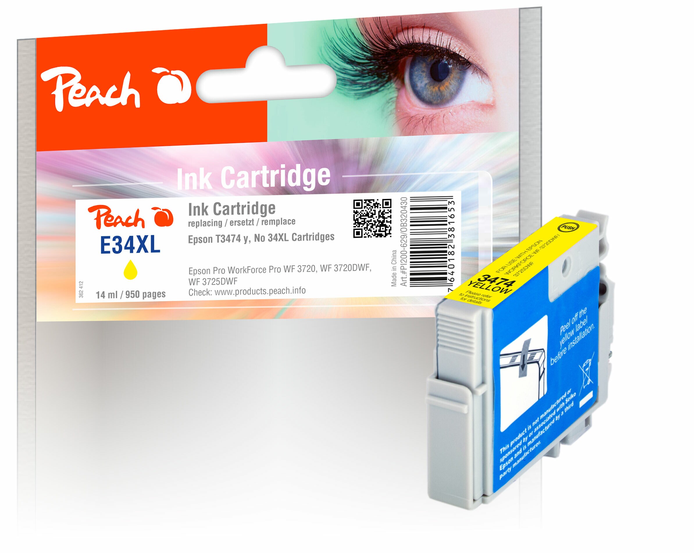 Peach E34  Druckerpatrone XL ye ersetzt Epson T3474, No. 34XL y, C13T34744010 f&uuml;r z.B. Epson WorkForce Pro WF -3700, Epson WorkForce Pro WF -3720 - Bild 1