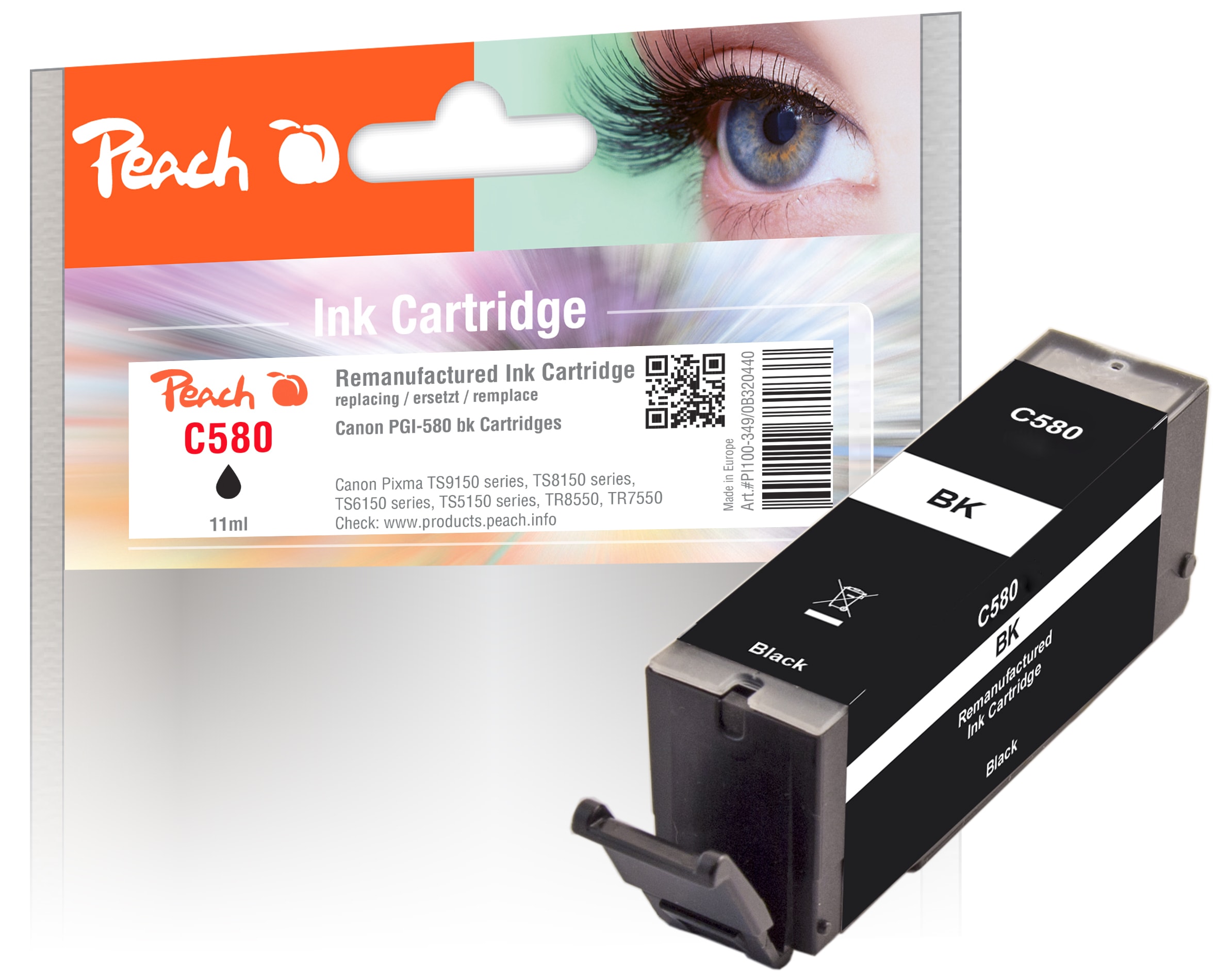 Peach C580 PGBK Druckerpatrone bk ersetzt Canon PGI-580PGBK, 2078C001 f&uuml;r z.B. Canon Pixma TS 8350, Canon Pixma TS 8350 a, Canon Pixma TS 9550 (wiederaufbereitet) - Bild 1