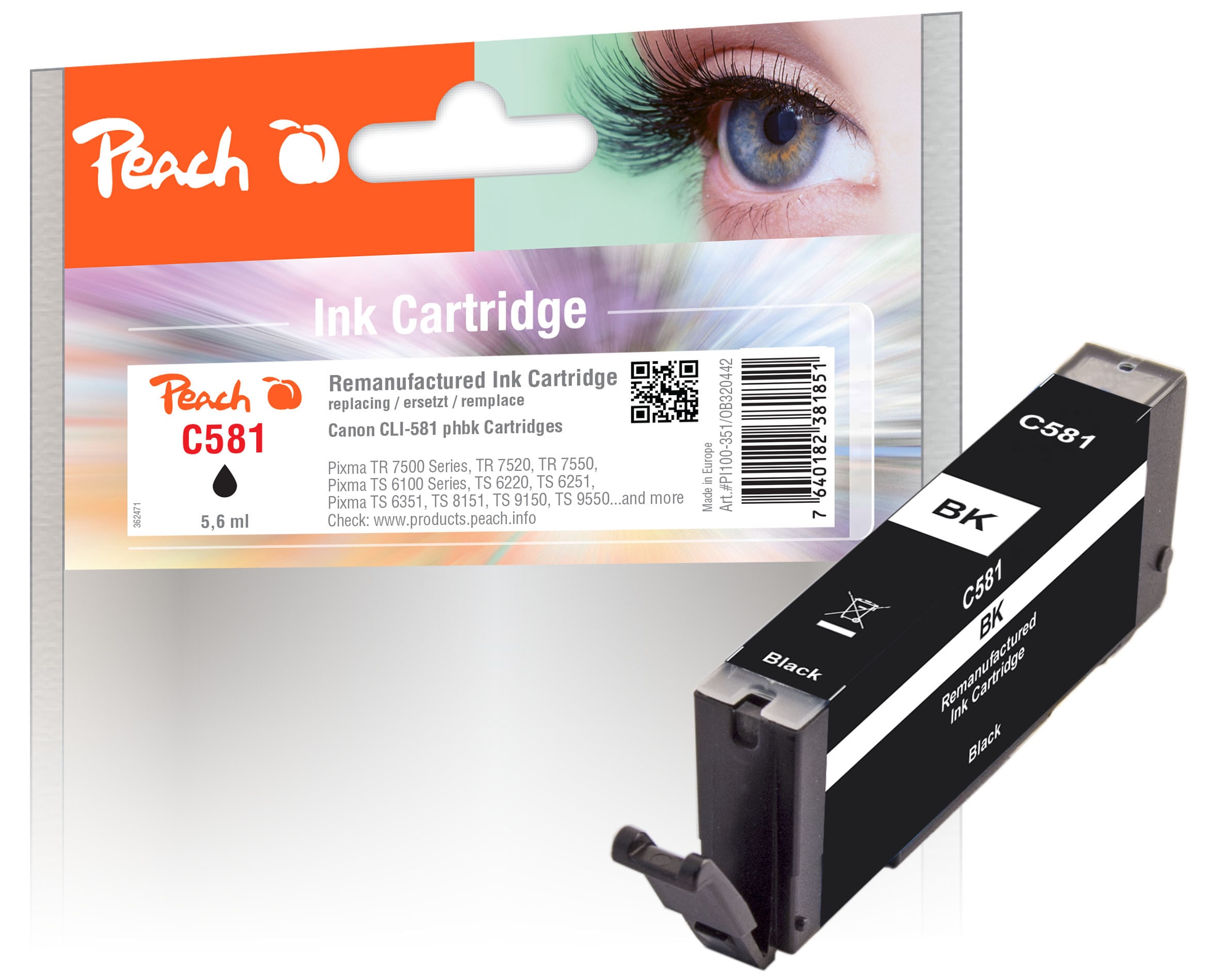 Peach C581 BK Druckerpatrone bkph ersetzt Canon CLI-581BK, 2106C001 f&uuml;r z.B. Canon Pixma TS 8350, Canon Pixma TS 8350 a, Canon Pixma TR 8550 (wiederaufbereitet) - Bild 1