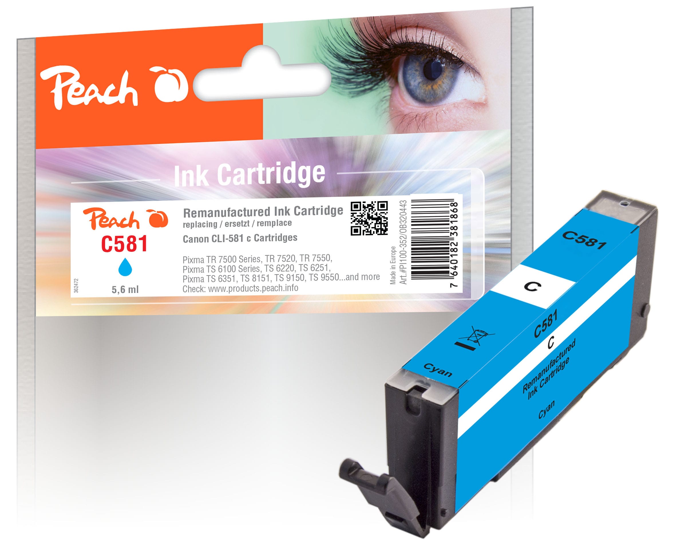 Peach C581 C Druckerpatrone cy ersetzt Canon CLI-581C, 2103C001 f&uuml;r z.B. Canon Pixma TS 8350, Canon Pixma TS 8350 a, Canon Pixma TR 8550 (wiederaufbereitet) - Bild 1