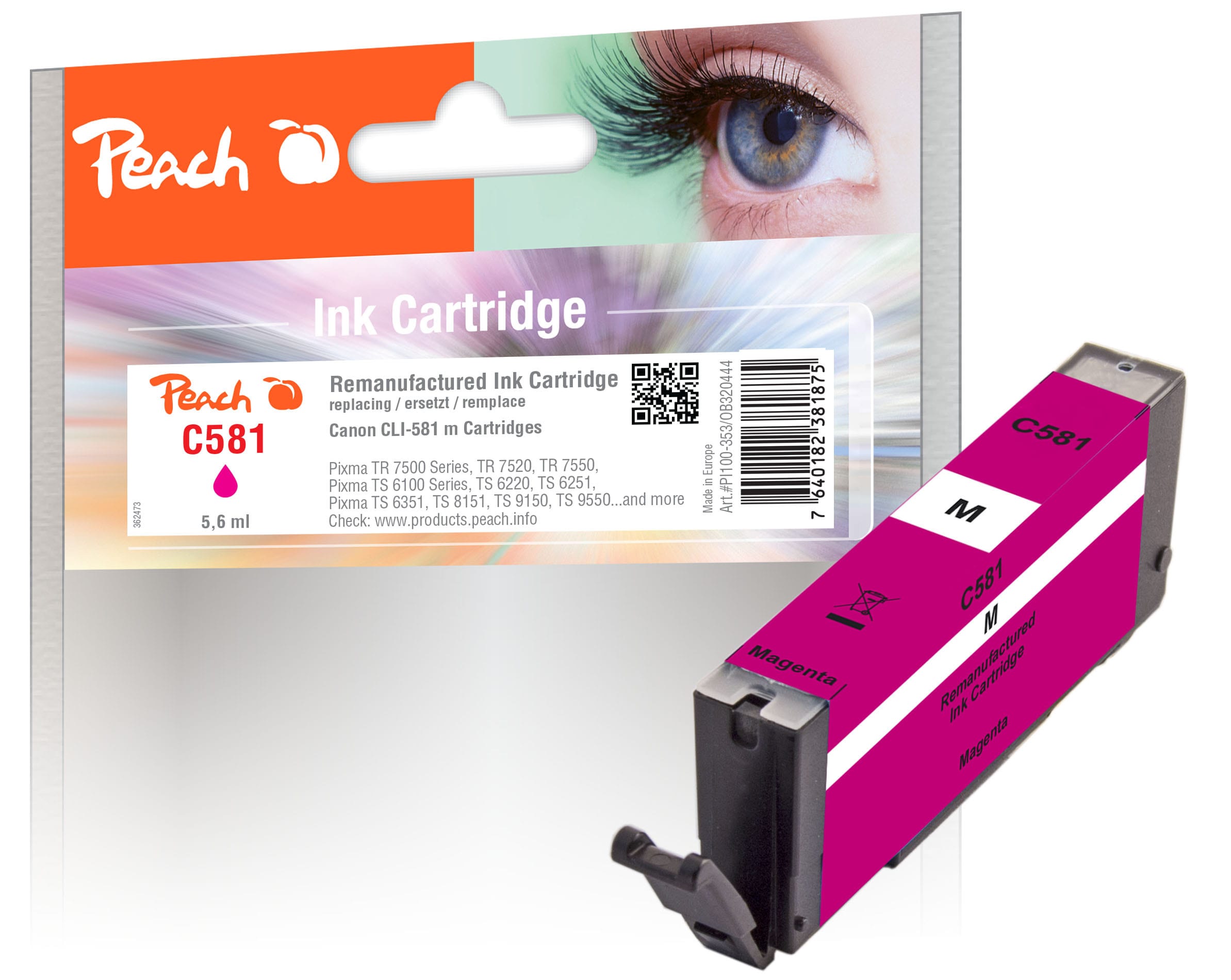 Peach C581 M Druckerpatrone ma ersetzt Canon CLI-581M, 2104C001 f&uuml;r z.B. Canon Pixma TS 8350, Canon Pixma TS 9550, Canon Pixma TS 6350 (wiederaufbereitet) - Bild 1