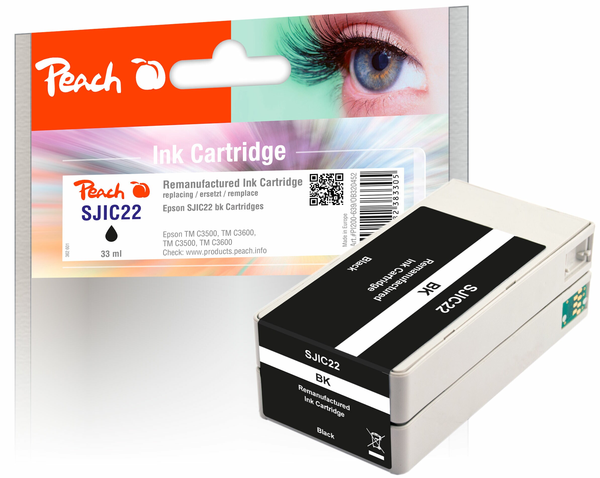 Peach ESJIC22  Druckerpatrone bk ersetzt Epson SJIC22BK, C33S020601 f&uuml;r z.B. Epson TMC 3500, Epson ColorWorks C 3500 (wiederaufbereitet) - Bild 1