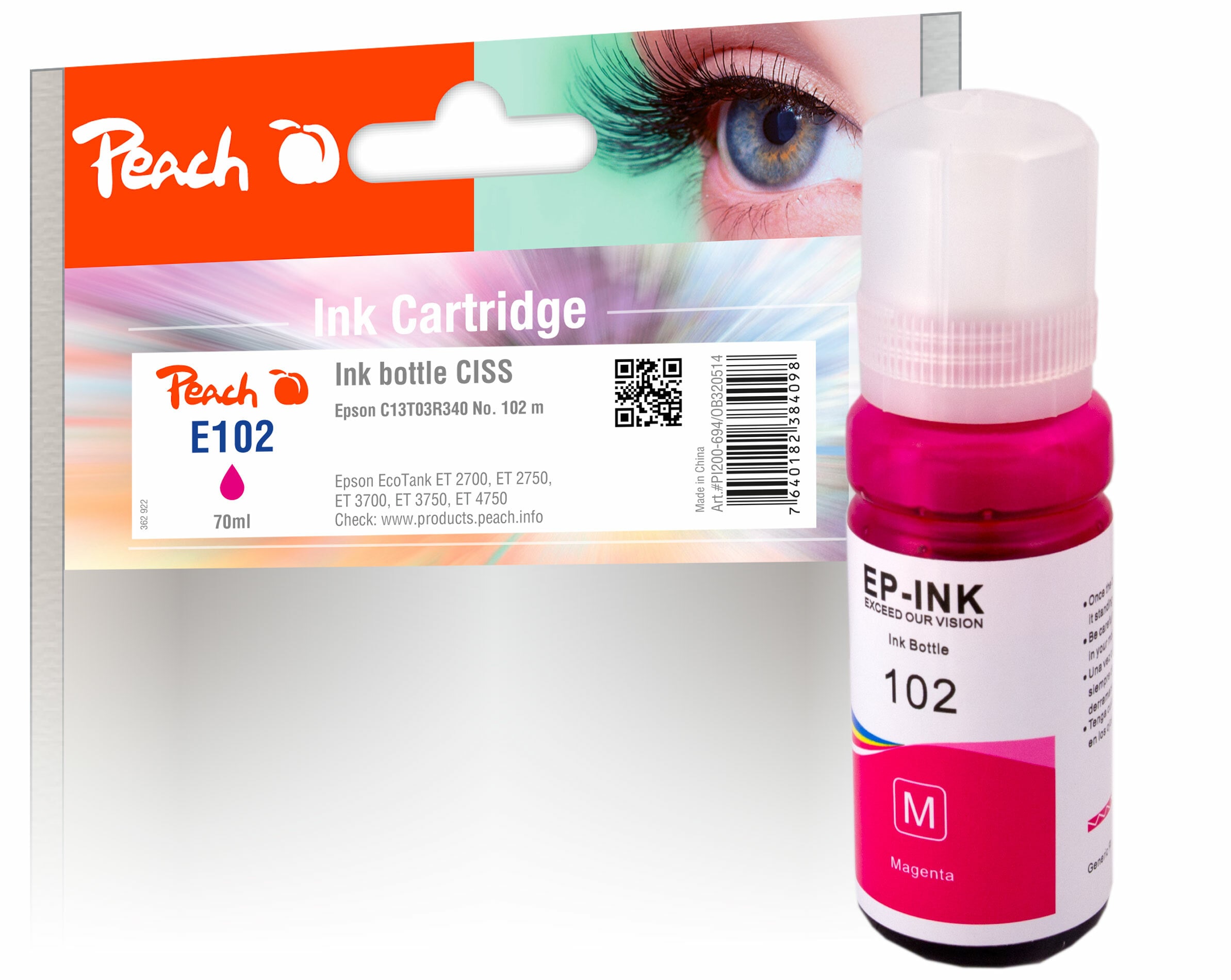 Peach E102 m Tintenbeh&auml;lter ma ersetzt Epson No. 102 m, C13T03R340 f&uuml;r z.B. Epson EcoTank ET -2700, Epson EcoTank ET -2750, Epson EcoTank ET -3700 - Bild 1
