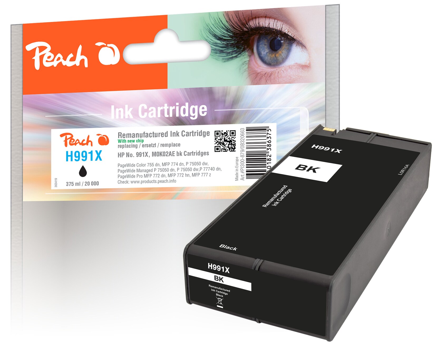 Peach HP 991 XBK Druckerpatrone XL bk ersetzt HP No. 991X BK, M0K02AE für z.B. HP PageWide Color 755 dn, HP PageWide Color MFP 774 dn (wiederaufbereitet)