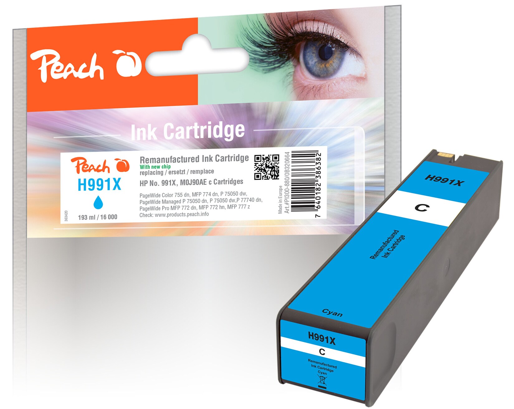 Peach HP 991 XC Druckerpatrone XL cy ersetzt HP No. 991X C, M0J90AE für z.B. HP PageWide Color 755 dn, HP PageWide Color MFP 774 dn (wiederaufbereitet)