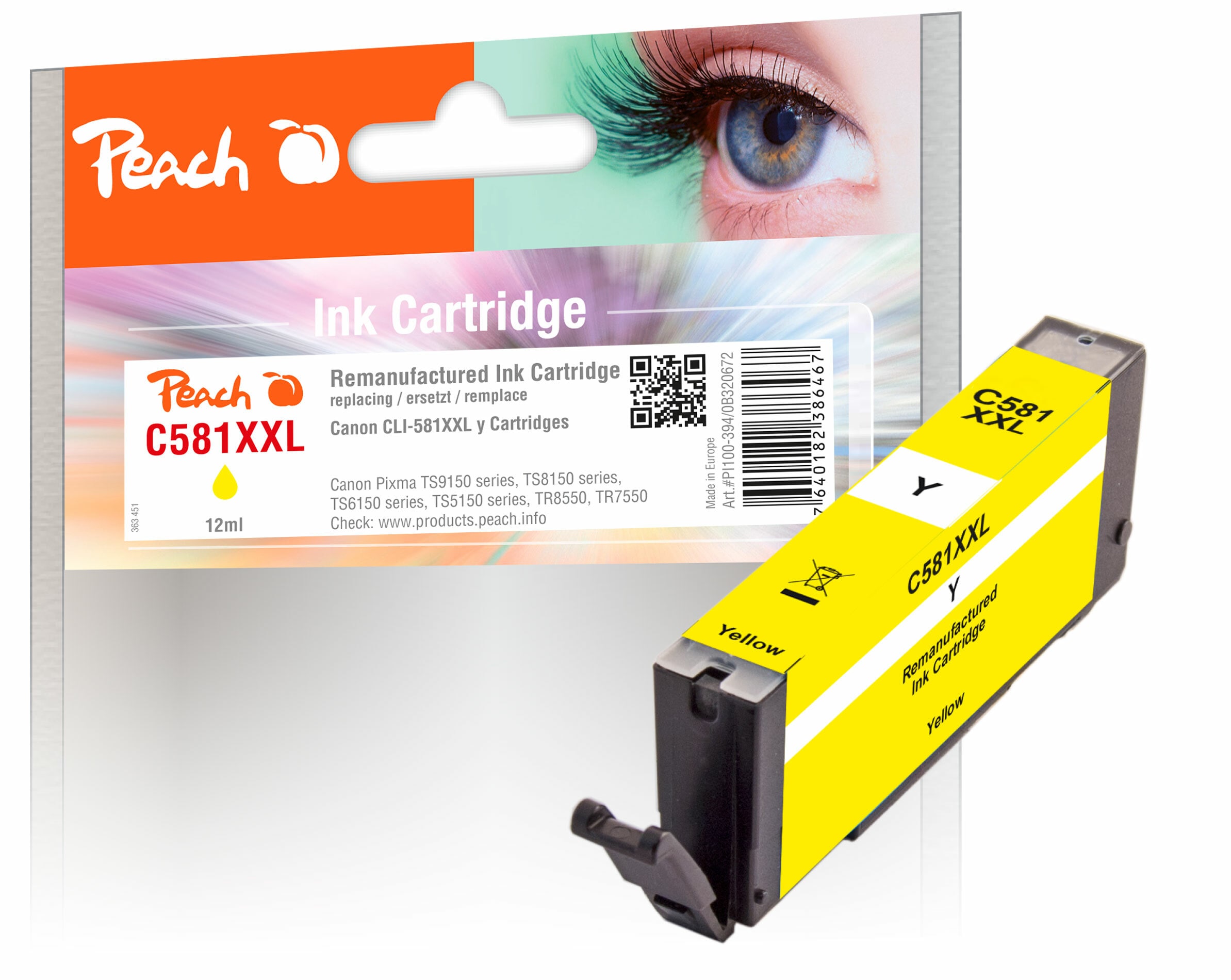Peach C581 XXLY Druckerpatrone XXL ye ersetzt Canon CLI-581XXLY, 1997C001 f&uuml;r z.B. Canon Pixma TS 8350, Canon Pixma TS 6350, Canon Pixma TS 9550 (wiederaufbereitet) - Bild 1