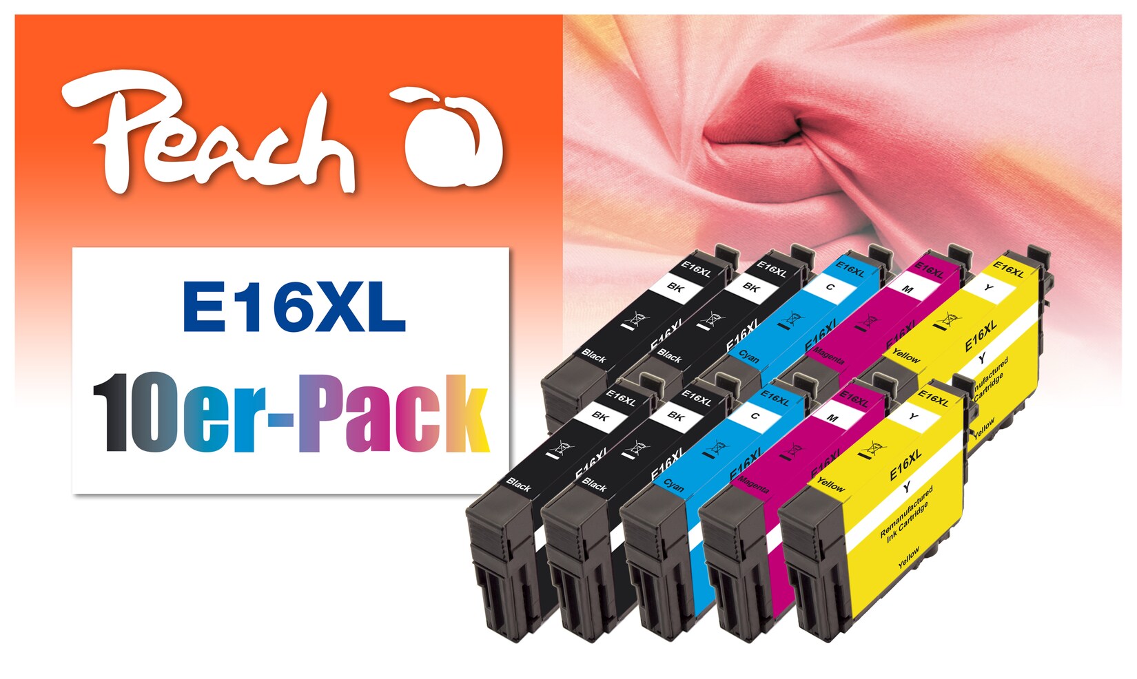 Peach E16 XL 10 Druckerpatronen XL (2*bk, bk, c/m/y) ersetzt Epson No. 16XL, C13T16364010 für z.B. Epson WorkForce WF -2010 W (wiederaufbereitet)