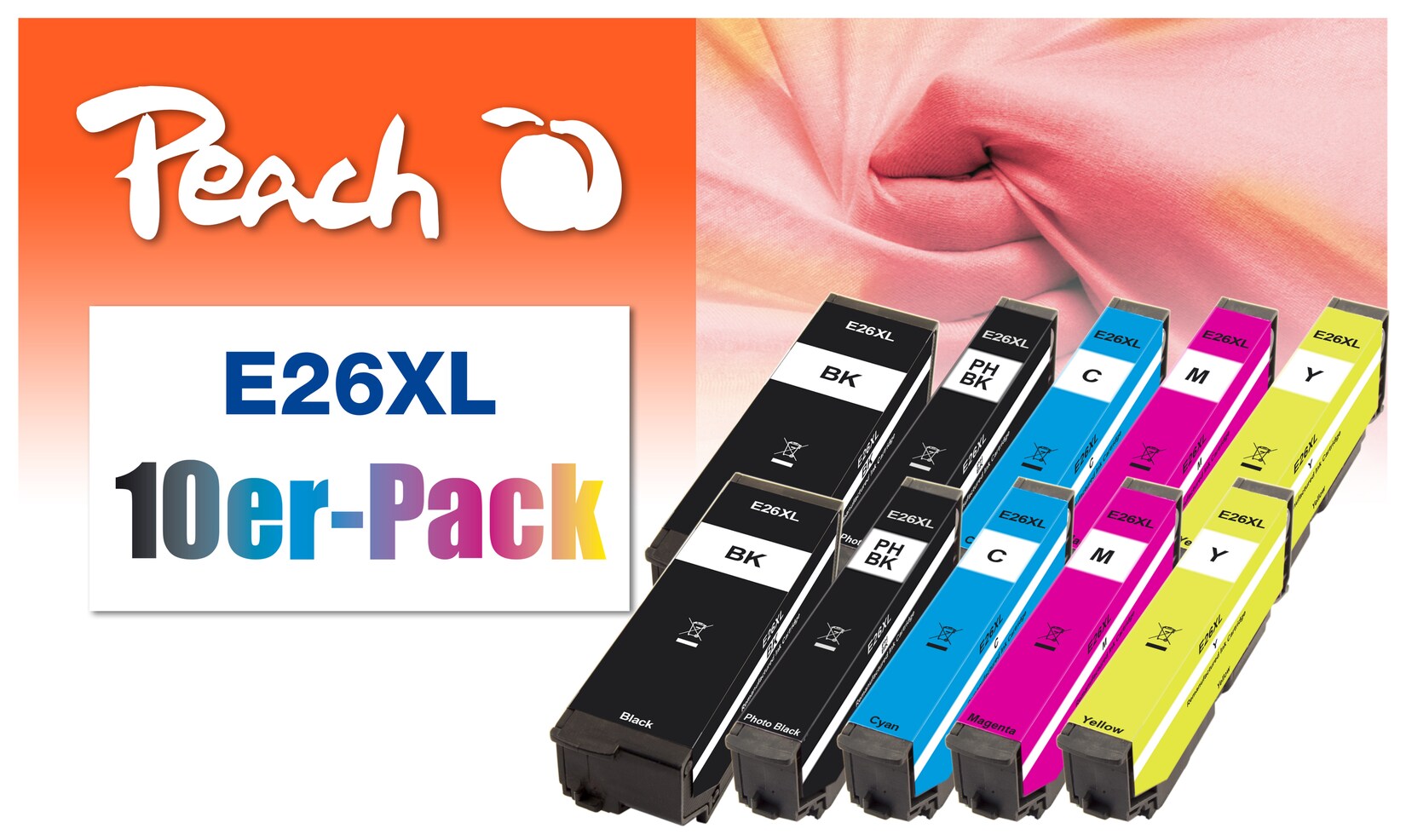 Peach E26 XL 10 Druckerpatronen XL (2*bk, bk, c/m/y) ersetzt Epson No. 26XL, C13T26364010 für z.B. Epson Expression Premium XP -510 (wiederaufbereitet)