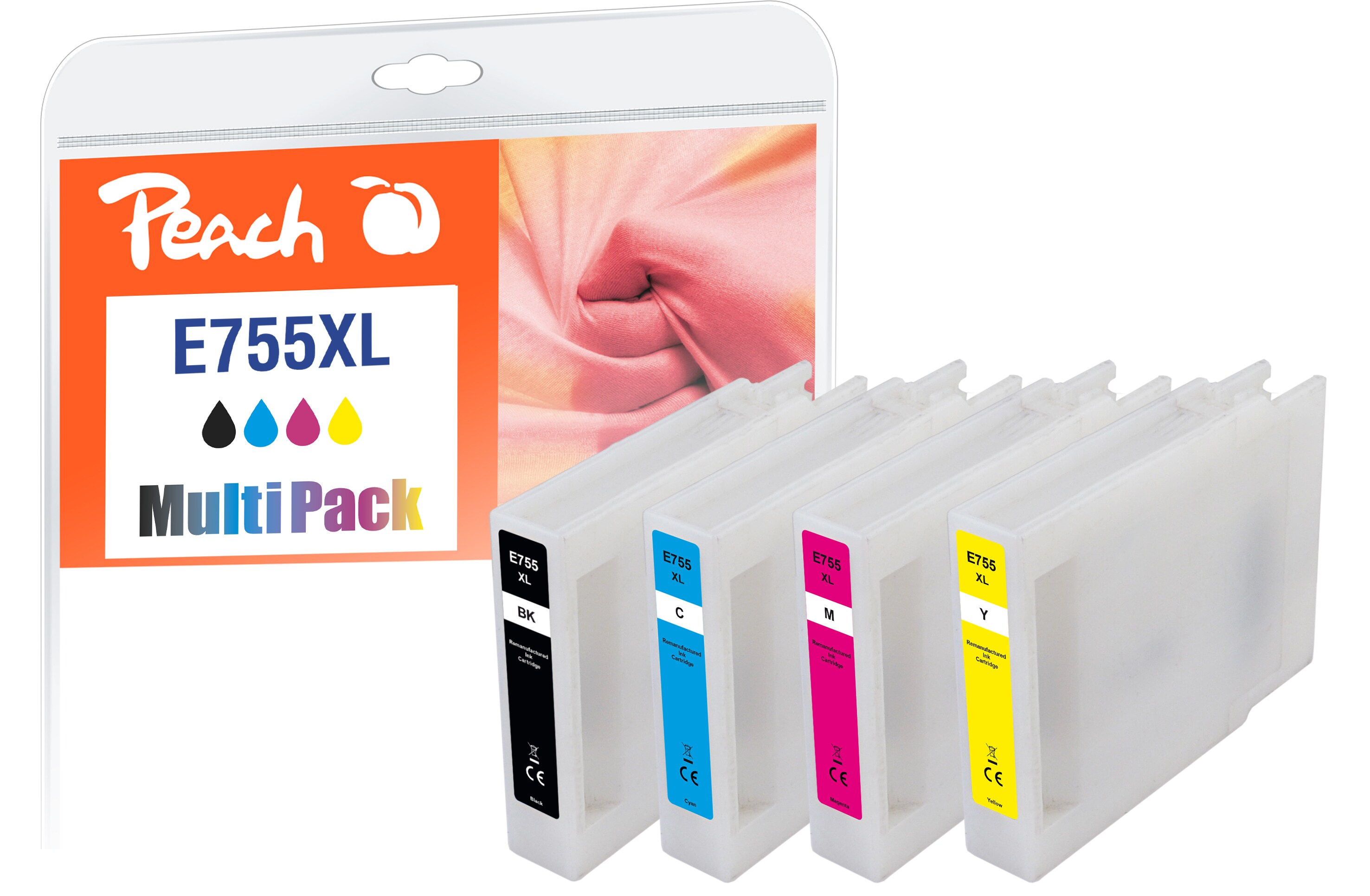 Peach E754/755/756 XL 4 Druckerpatronen XL (bk, c/m/y) ersetzt Epson T755XL f&uuml;r z.B. Epson WorkForce Pro WF -6530 MFP, Epson WorkForce Pro WF -8090 (wiederaufbereitet) - Bild 1