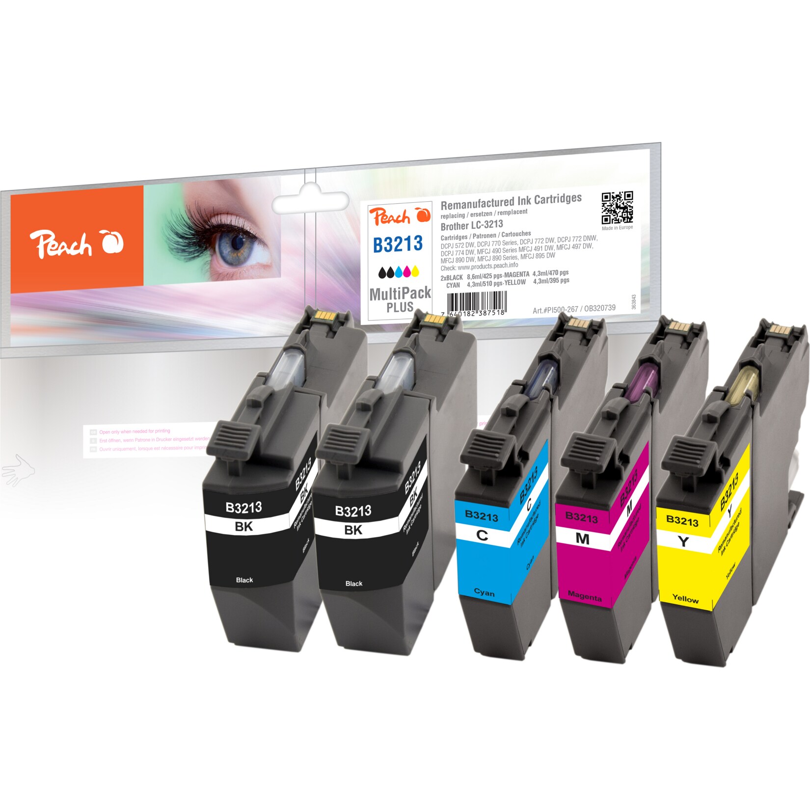 Peach B3213  5 Druckerpatronen XL (2*bk, c/m/y) ersetzt Brother LC-3213 für z.B. Brother DCPJ 572 DW, Brother MFCJ 491 DW, Brother MFCJ 890 DW (wiederaufbereitet) | 07640182387518