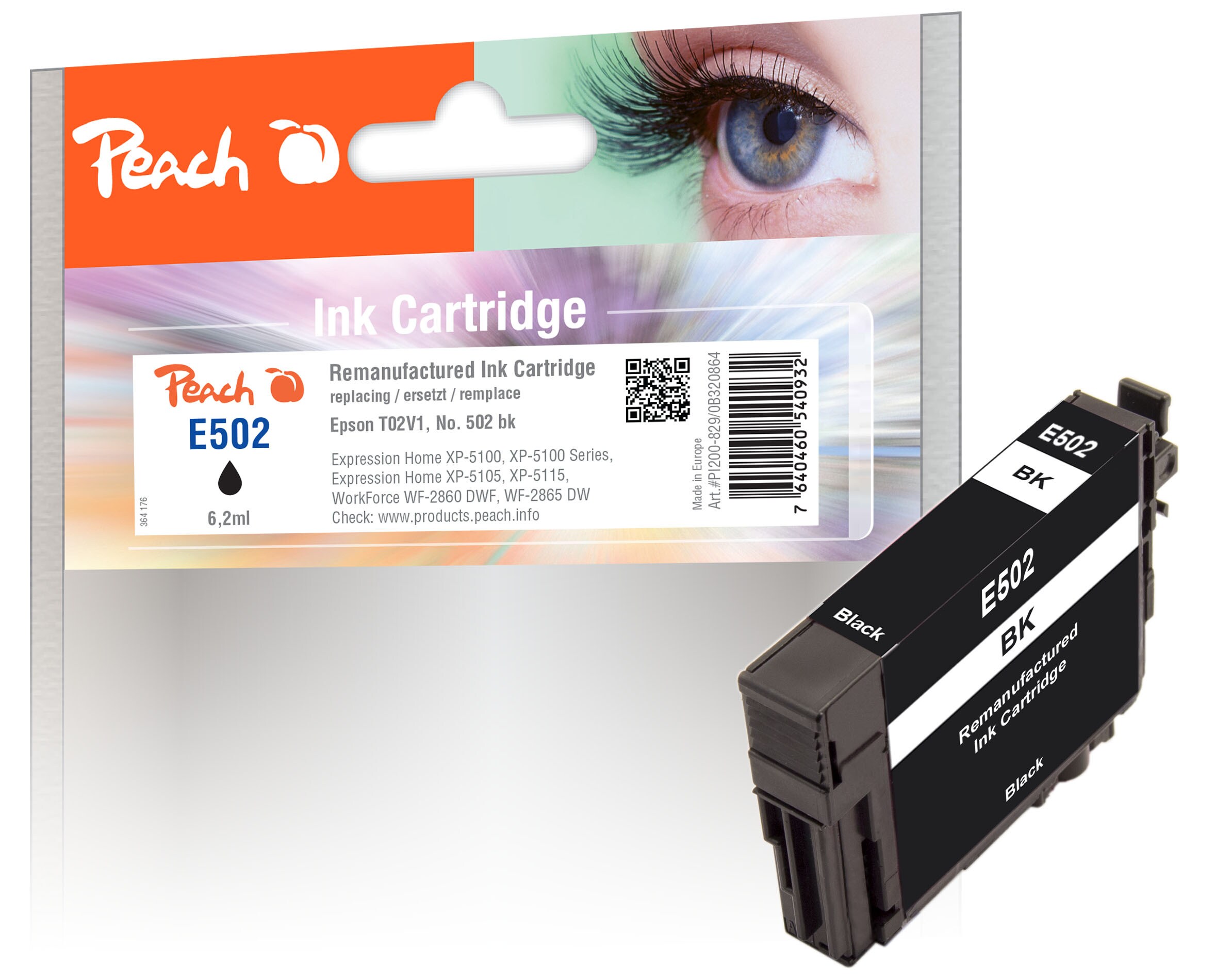 Peach E502 BK Druckerpatrone bk ersetzt Epson No. 502BK, C13T02V14010 f&uuml;r z.B. Epson Expression Home XP -5100, Epson Expression Home XP -5105 (wiederaufbereitet) - Bild 1