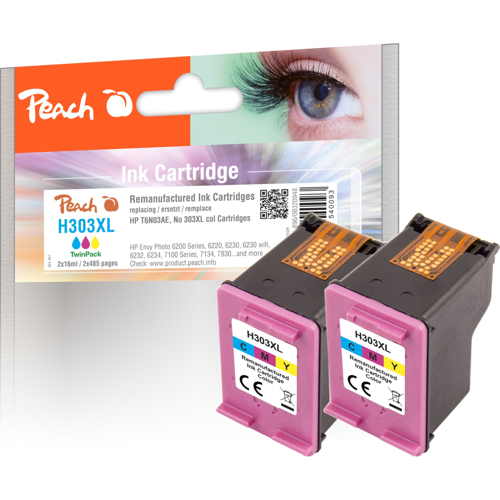 Peach HP 303 XLC 2 Druckk&ouml;pfe XL 2*col ersetzt HP No. 303XL C*2, T6N03AE*2 f&uuml;r z.B. HP Envy Photo 7134, HP Envy Photo 6220, HP Envy Photo 6230 (wiederaufbereitet) - Bild 1