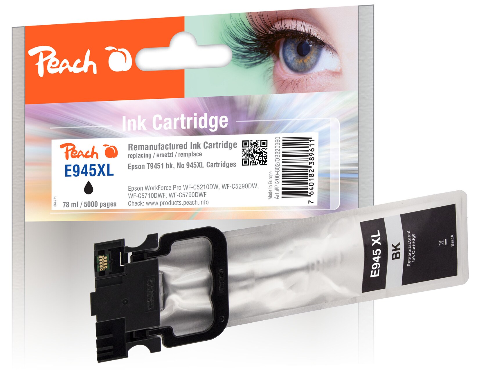 Peach E944/945/946 Druckerpatrone XL bk ersetzt Epson T9451, No. 945XLBK, C13T945140 für z.B. Epson WorkForce Pro WFC 5710 DWF (wiederaufbereitet)